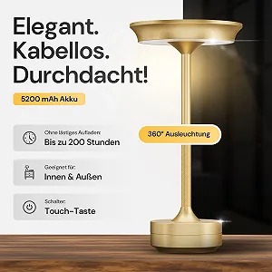 Настольная лампа LED Wireless Battery Dimmable USB-C 3 Light Colours IP54 Indoor and Outdoor Золотистая synthetic.ua - Фото 1