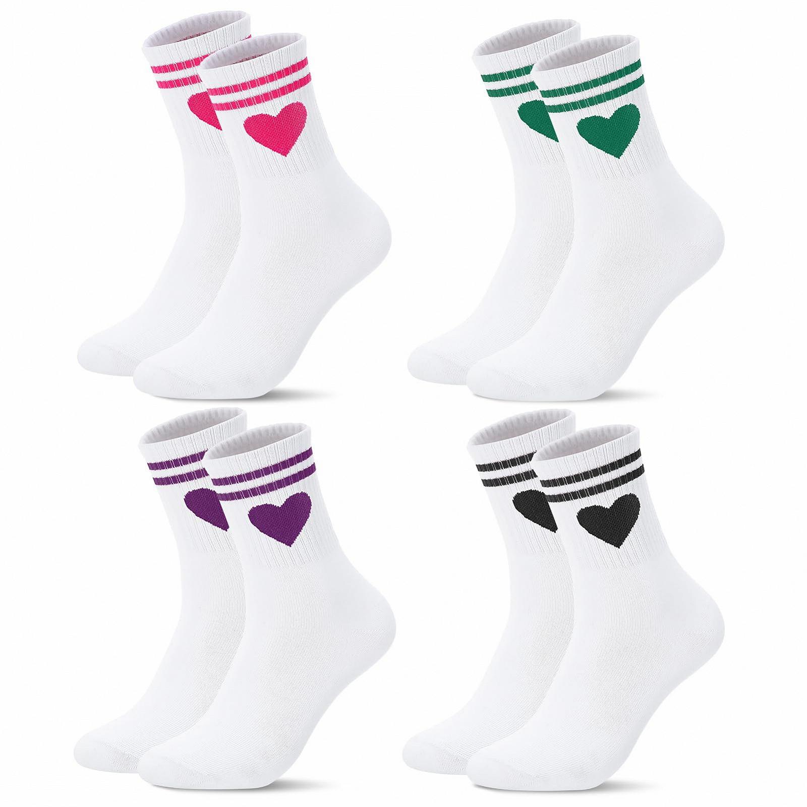 Женские теннисные носки Белый цвет, 4 пары, размер 39-42, спортивные носки в полоску с сердечками, теннисные носки, дышащие хлопковые носки для женщин, фото №1