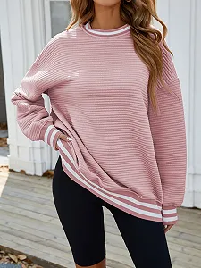 Женская Объемная Осенняя Зимняя Толстовка Famulily Пуловер с Длинными Рукавами Повседневный Полосатый Топ с Круглым Вырезом synthetic.ua - Фото 1