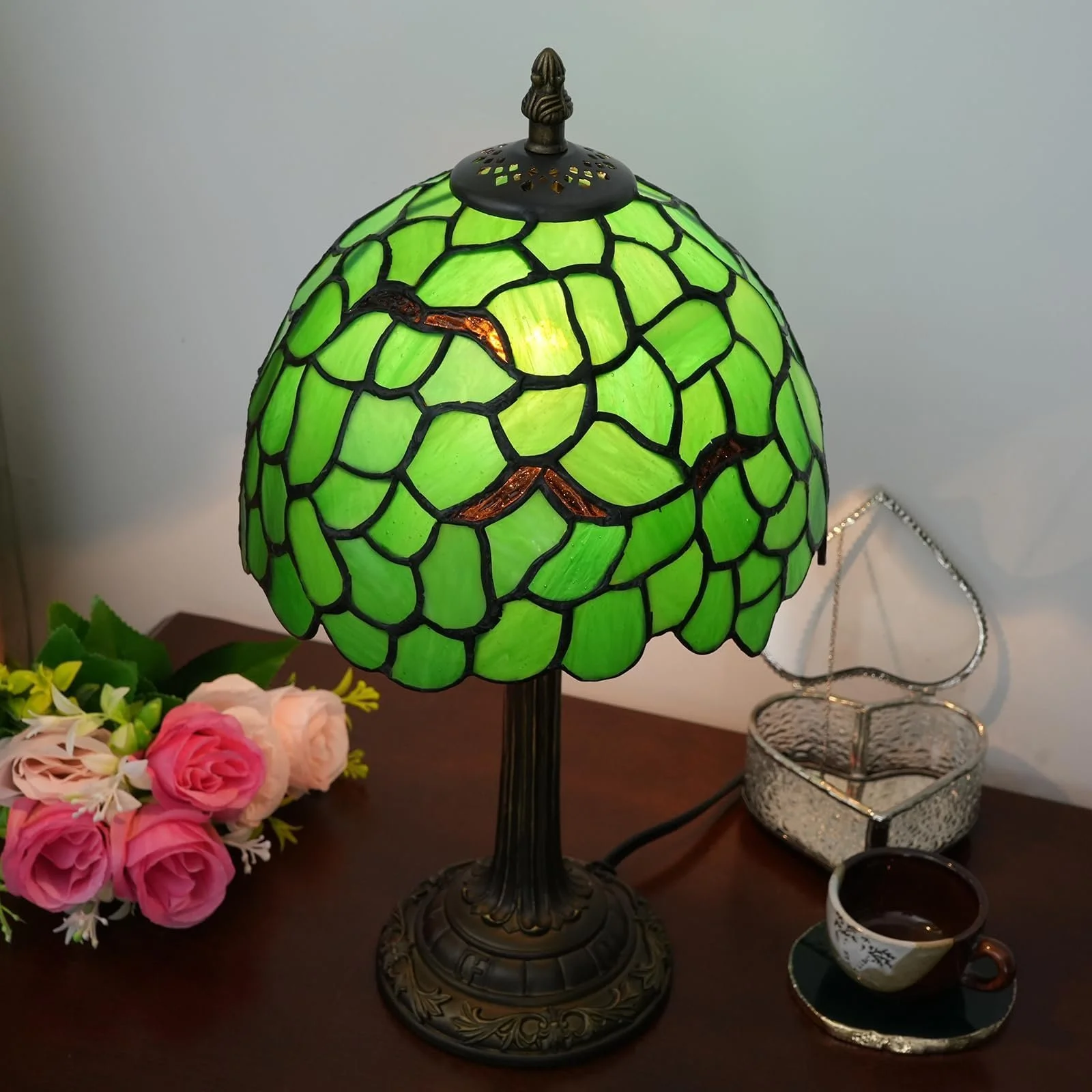 Настільна лампа Tiffany Green Leaf Вітражне скло Зелена, фото №8