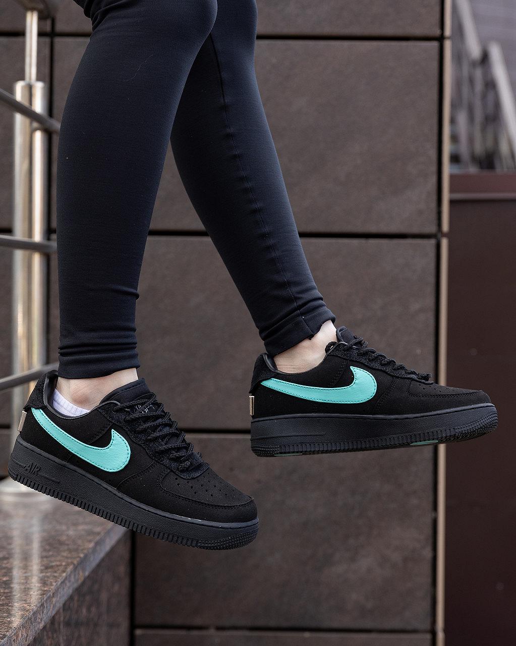 Кроссовки женские черные Nike Air Force 1 Low Tiffany х Co стильные летние кросы из кожи найк обувь на лето, фото №1