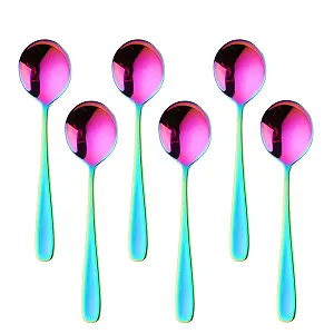Набор суповых ложек Buyer Star из нержавеющей стали 304, 17 см, круглые десертные ложки, столовые ложки для каши, йогурта, можно мыть в посудомоечной машине (6 шт, радуга) - Фото 1