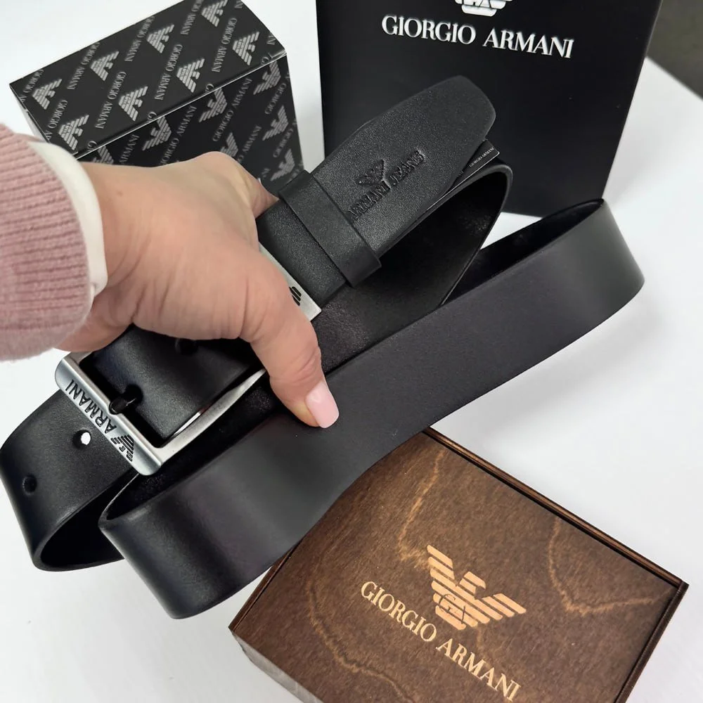 Чоловічий ремінь Armani чорний шкіряний пояс, фото №6