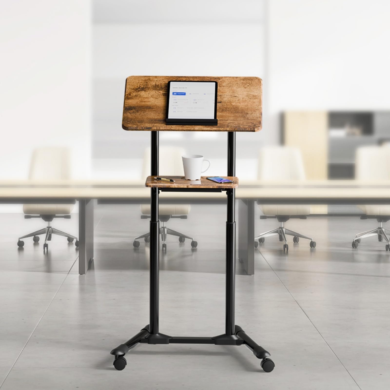 Мобільний стіл ETHU з регулюванням висоти, з нахилом стільниці та шухлядами, з колесами, візок для презентацій, з підставкою для чашки, фото №7