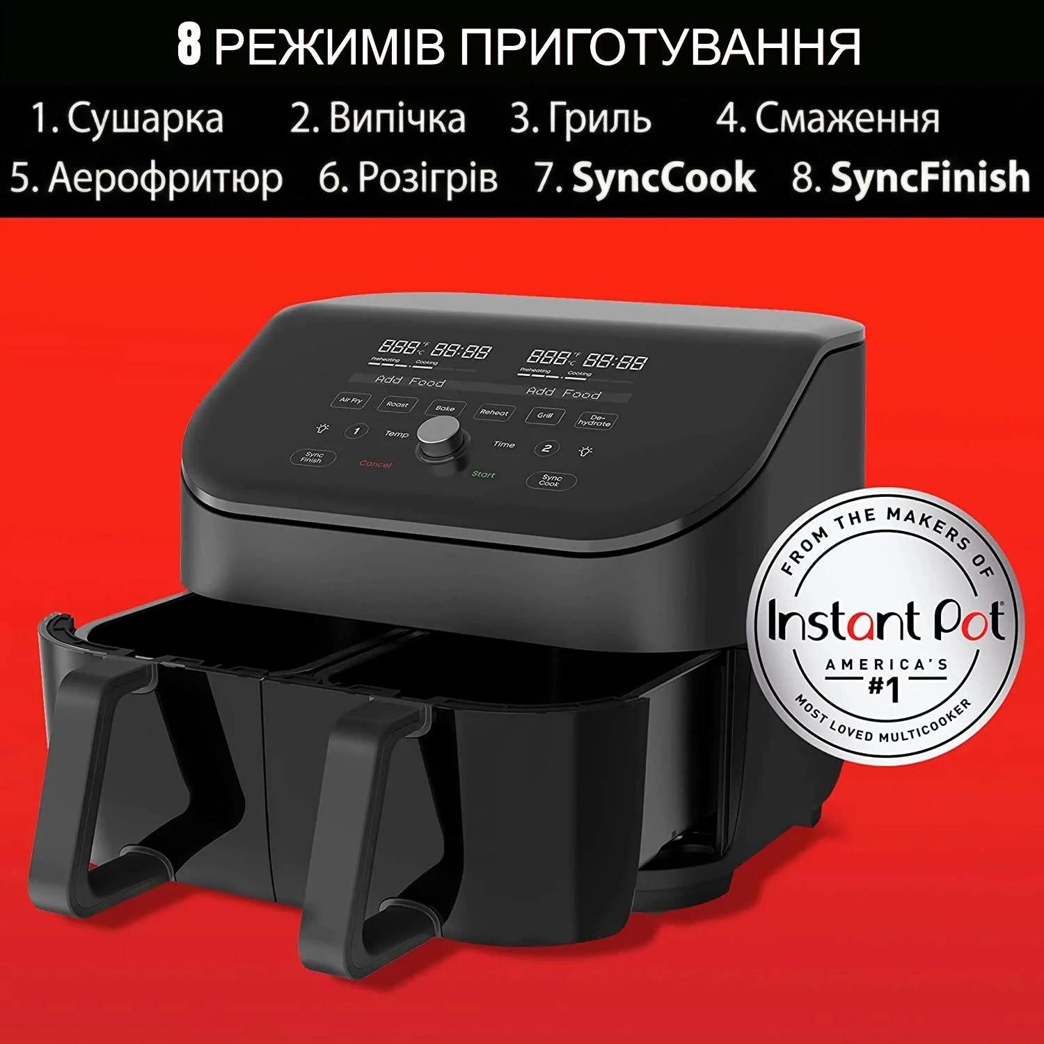 Мультипіч Instant Vortex Plus Double Basket ClearCook / 7.6 л / 2 окремих відсіки / 1700 Вт, фото №2