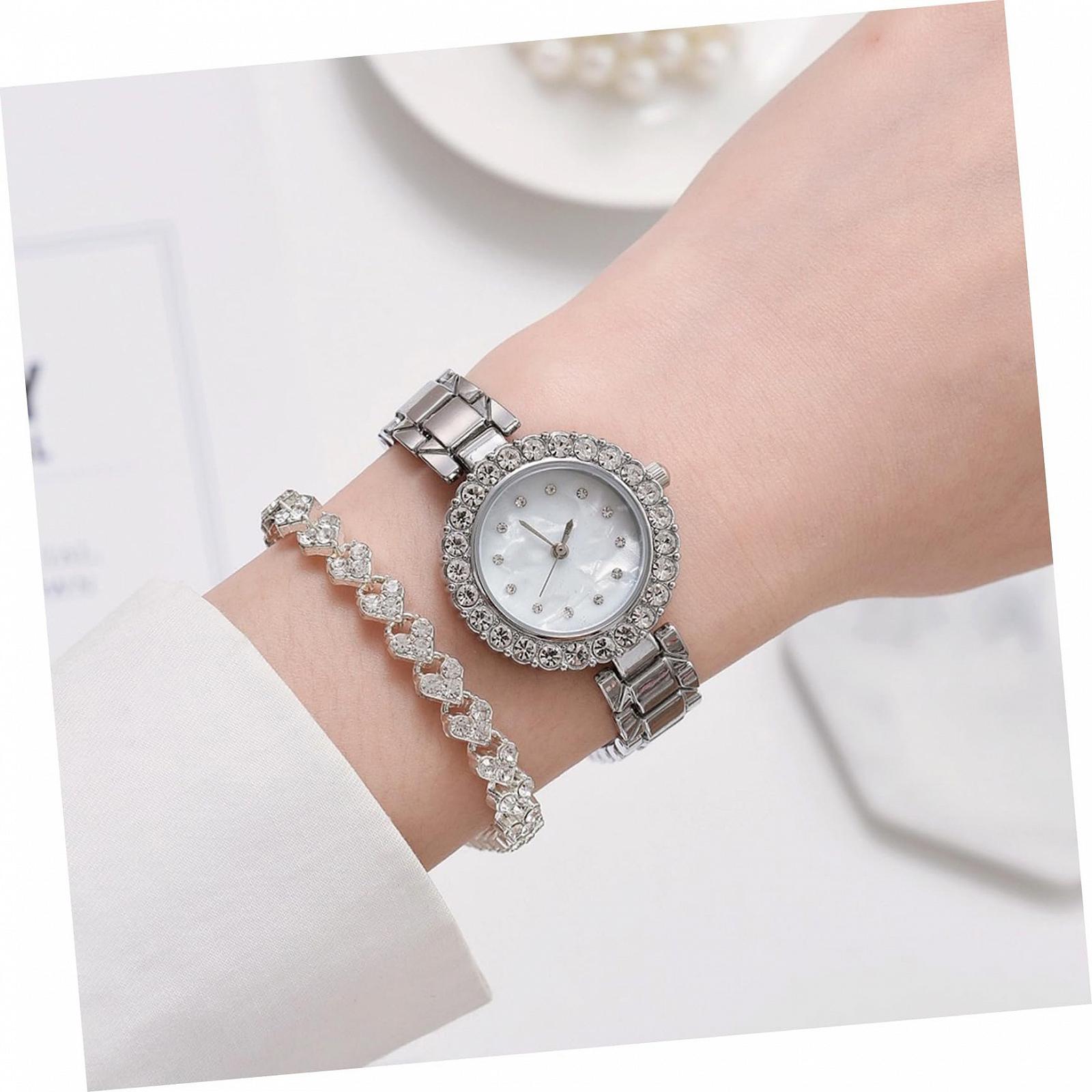 Набор Часы для женщин Healvian с браслетом Элегантный подарочный набор для свадьбы Стильный дизайн с нежным бриллиантовым мотивом, серебряный, фото №6