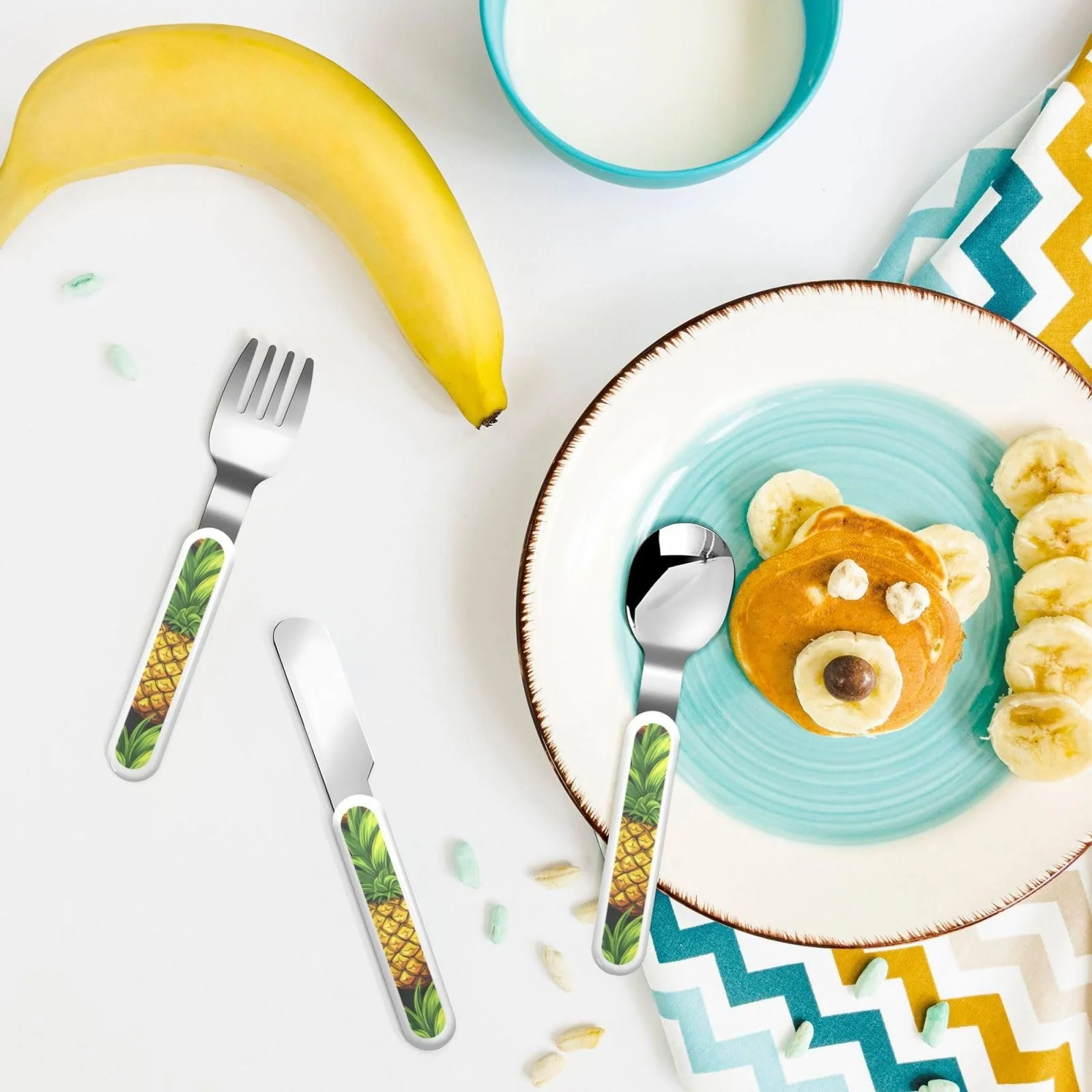Дитячий набір столових приборів Viel Ananas з принтом, три предмети, багаторазовий, фото №6 Дитячий набір столових приборів Viel Ananas з принтом, три предмети, багаторазовий, фото №6