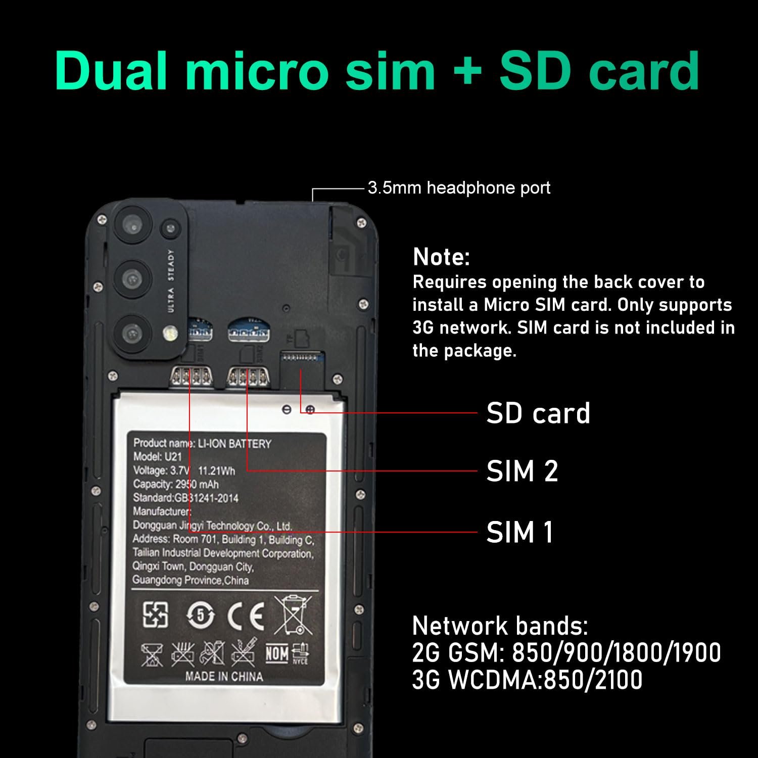 Смартфон Unlock Phone 6.56 дюйма 2 GB RAM 32 GB ROM 3G 4-Core Темний, фото №9