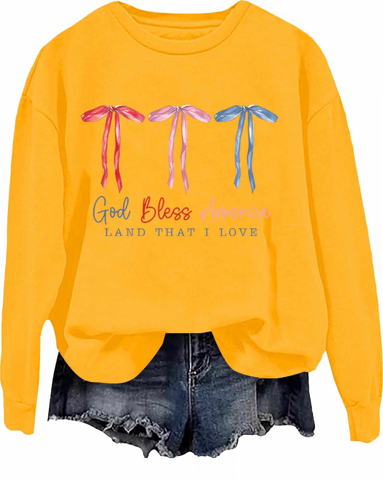 Женский свитшот God Bless America с милым кокетливым бантом, с графическим рисунком, Land That I Love, патриотические рубашки, фото №1