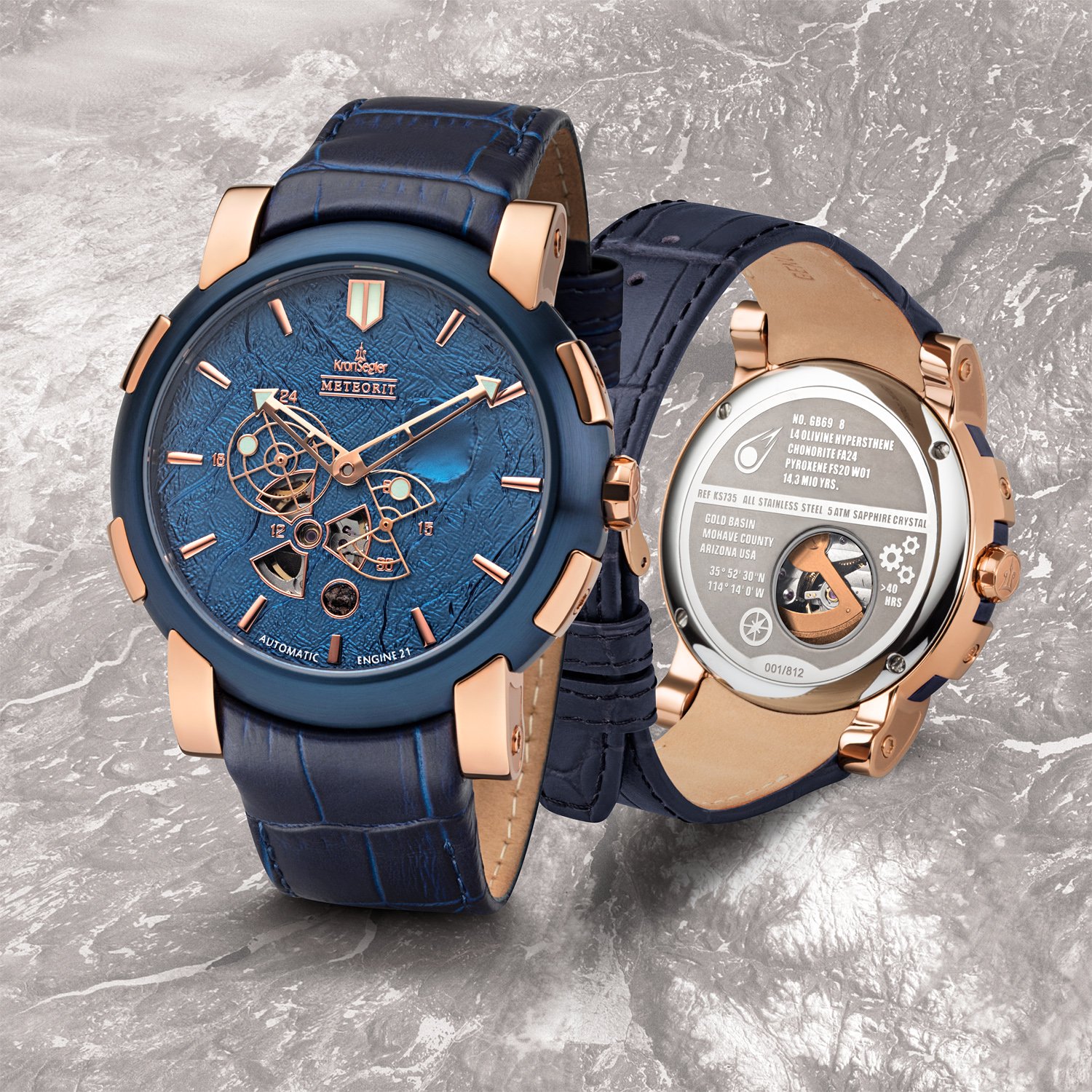Годинник Kronsegler Meteorite Чоловічий Автоматичний З шкіряним ремінцем Синій/Синій Обмежене видання з метеоритним каменем, фото №3