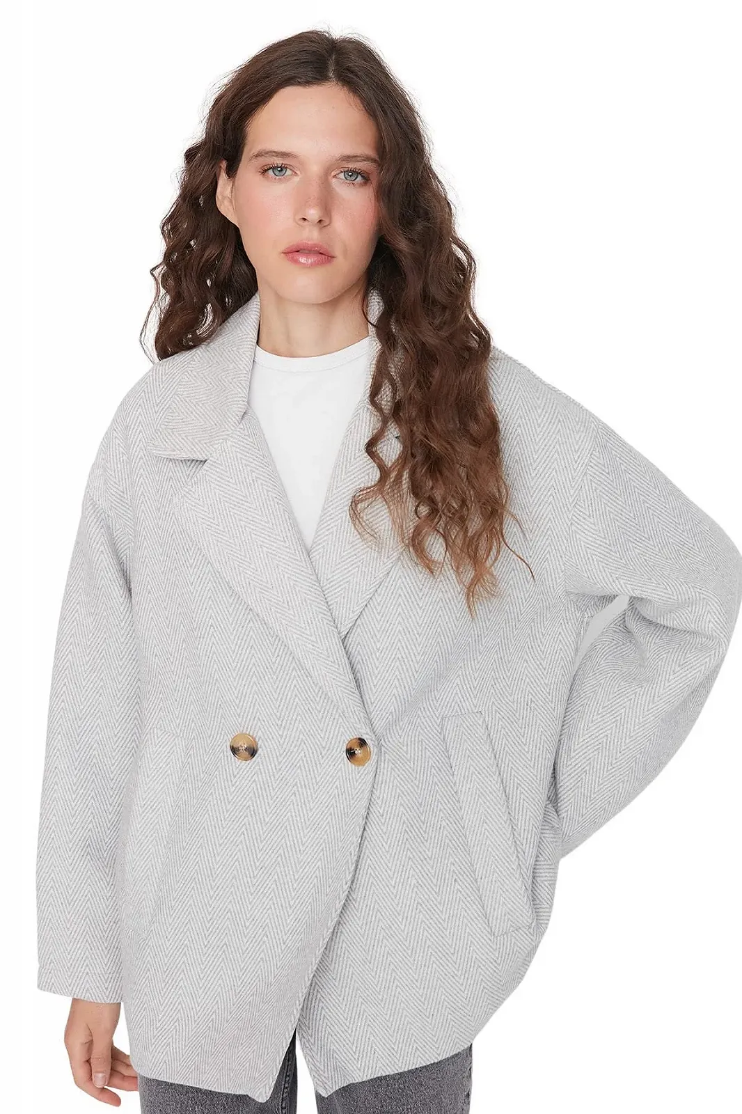 Пальто TRENDYOL Прямой Ёлочка Ткань, фото №3 Пальто TRENDYOL Прямой Ёлочка Ткань, фото №3