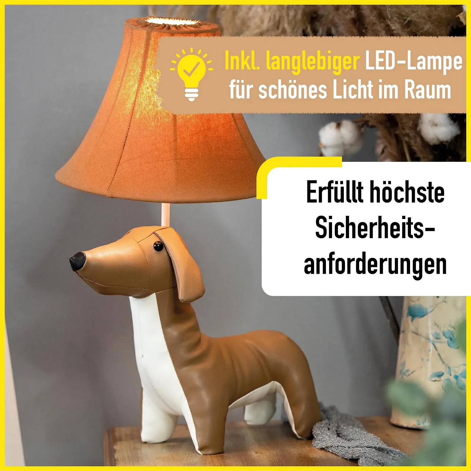 Настільна лампа Happy Lamps Waldi Dachshund LED 48 см Веганська шкіра Коричнева з білим, фото №4