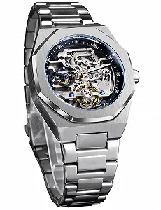 Механические часы FORSINING Винтажные гравированные автоматические самозаводящиеся с большим циферблатом Светящиеся с фазой луны Золотистые полые с узором татуировки Серебряные - Фото 1