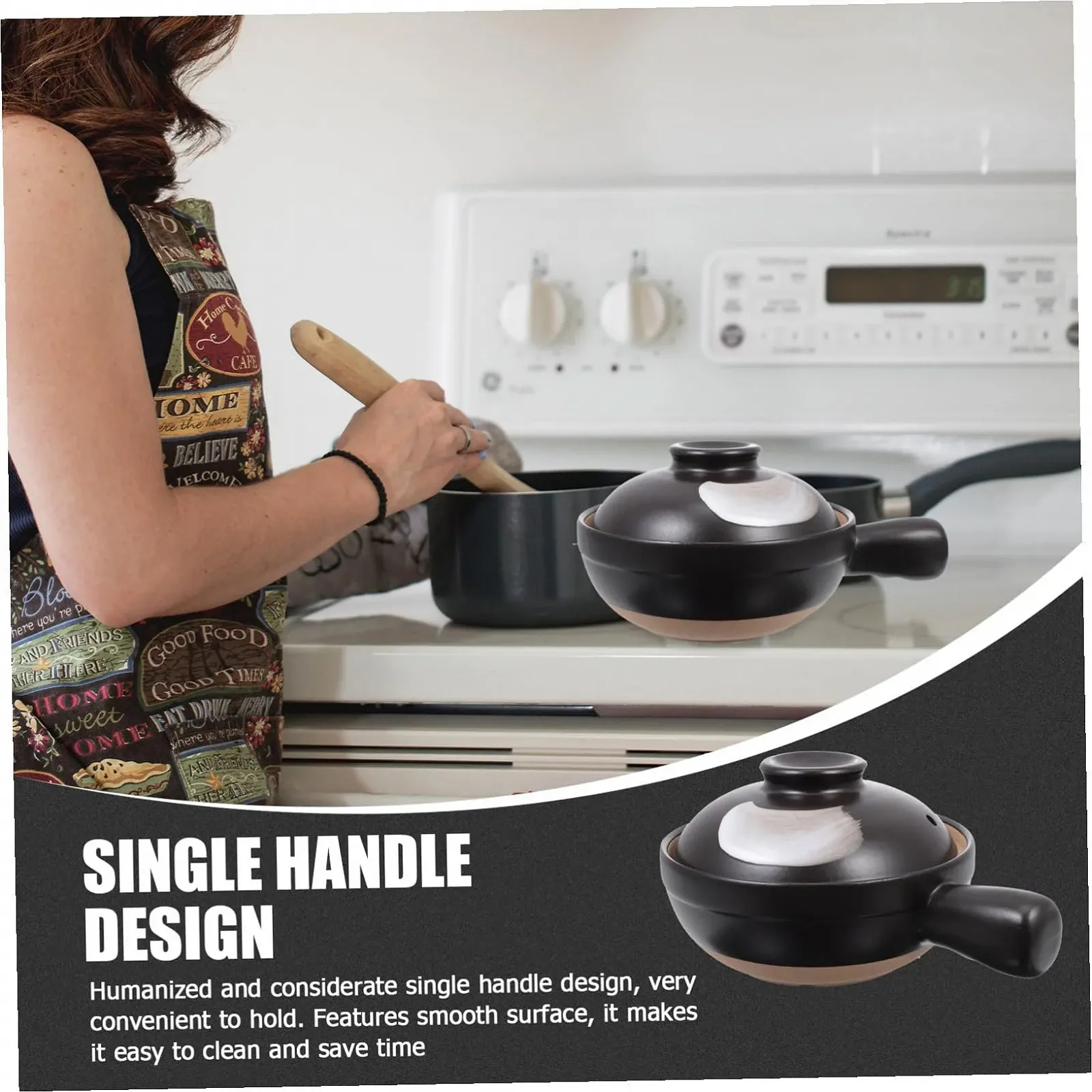 Керамическая кастрюля для тушения TOYANDONA традиционная маленькая с ручкой термостойкая для рагу и супов, фото №3