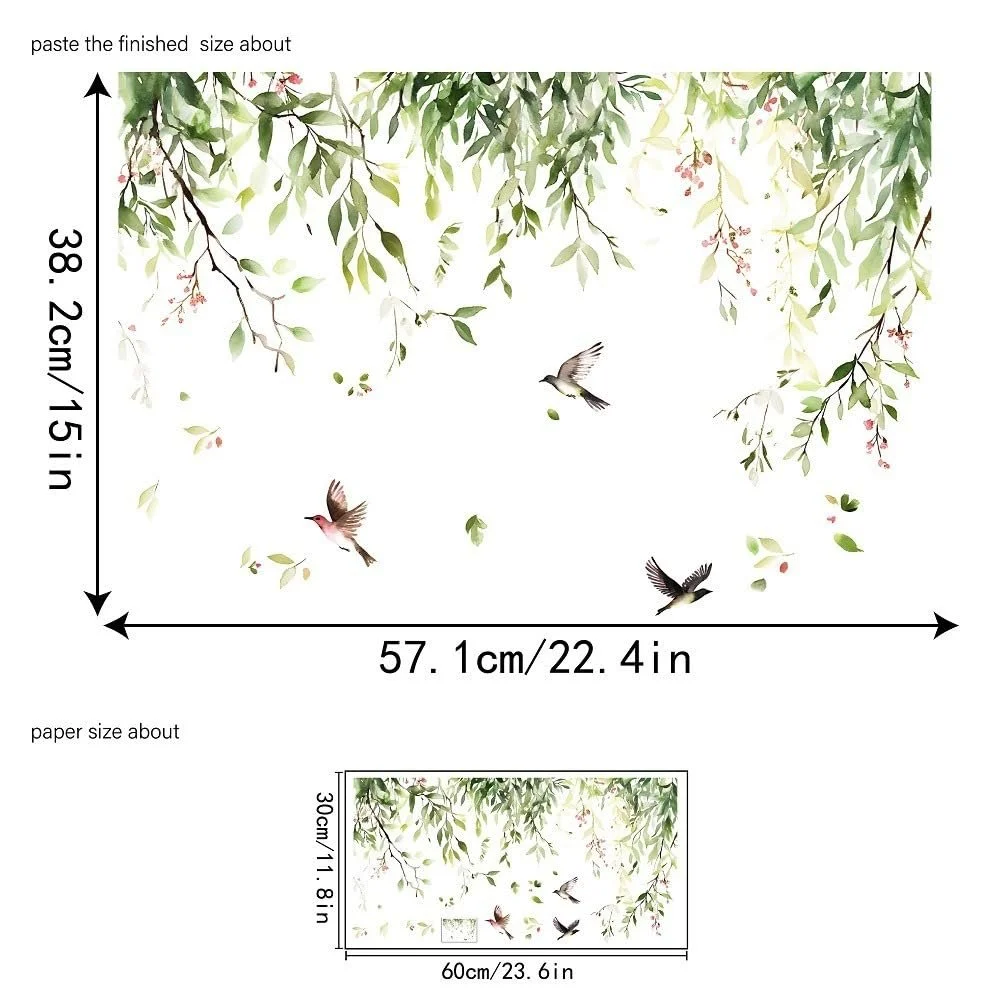 Наклейка на стену Зеленые ветки с птицами и листьями 57 x 38 см Природный дизайн Зеленый, фото №5