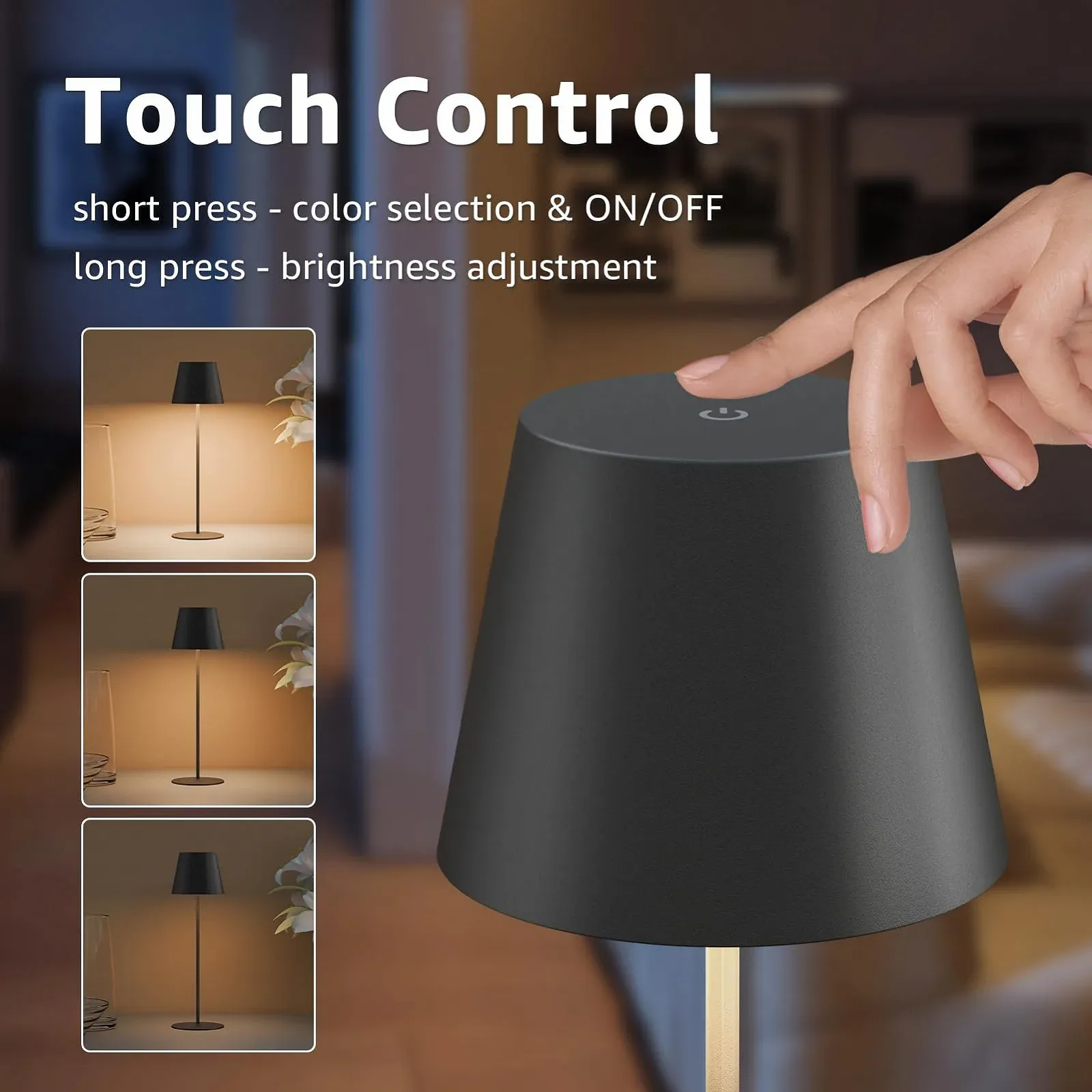 Набір з 2 LED настільних ламп акумуляторних USB-C сенсорних з регулюванням яскравості вуличних водонепроникних Black, фото №3