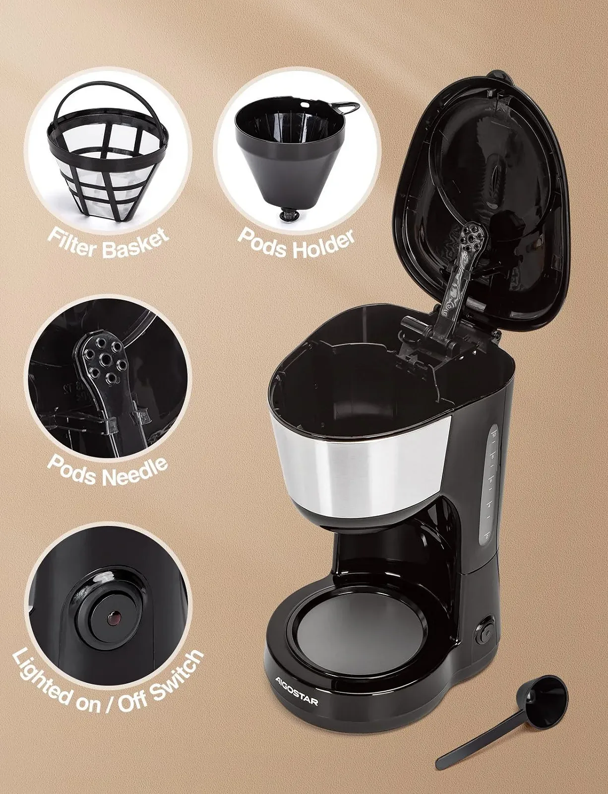 Фильтр-кофеварка Aigostar 1000 Вт 1.25 л Черный, фото №6