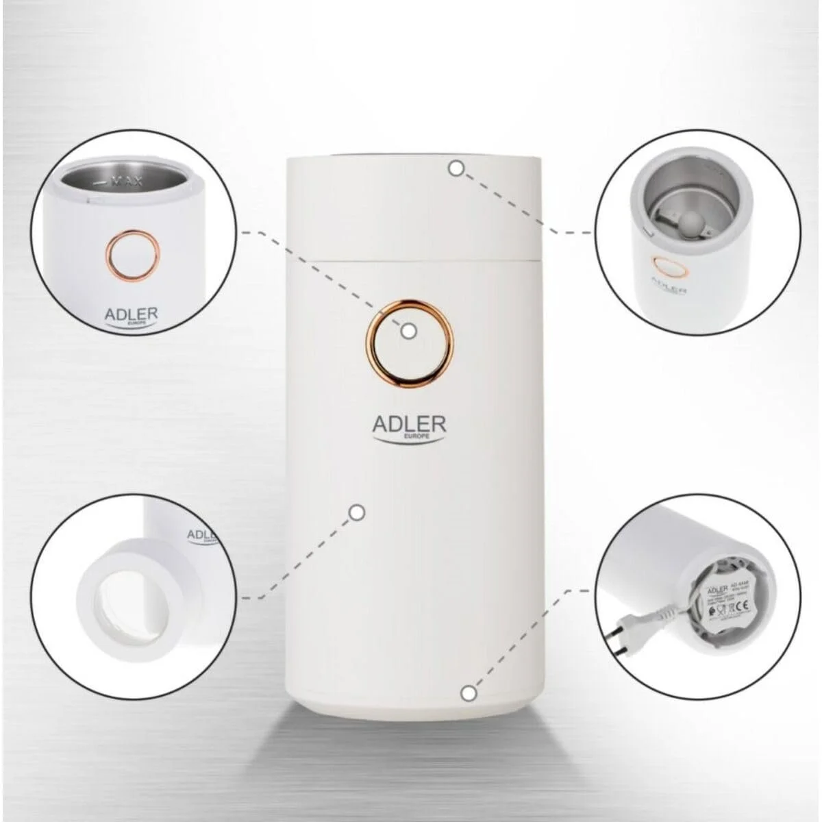 Электрическая кофемолка Adler AD 4446wg, нержавеющая сталь, 150 Вт, вместимость до 75 г, мельница для кофейных зерен, с предохранительной блокировкой, бело-золотая, фото №7