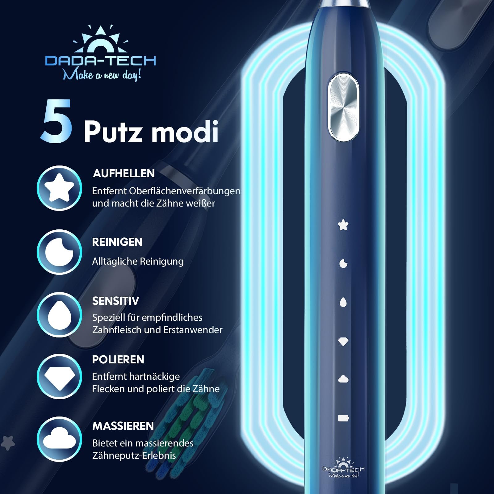 Електрична зубна щітка Dada-Tech Sonic 5 режимів 9 насадок Синя, фото №4