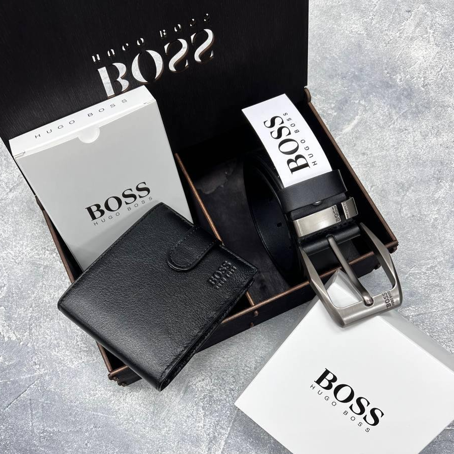 Чоловічий брендовий набір шкіряний ремінь і гаманець BOSS, фото №1