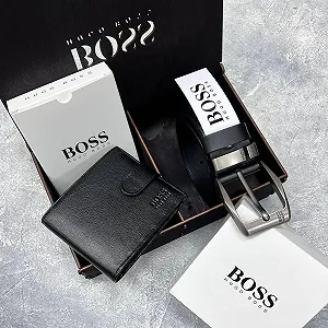 Чоловічий брендовий набір шкіряний ремінь і гаманець BOSS - Фото 1