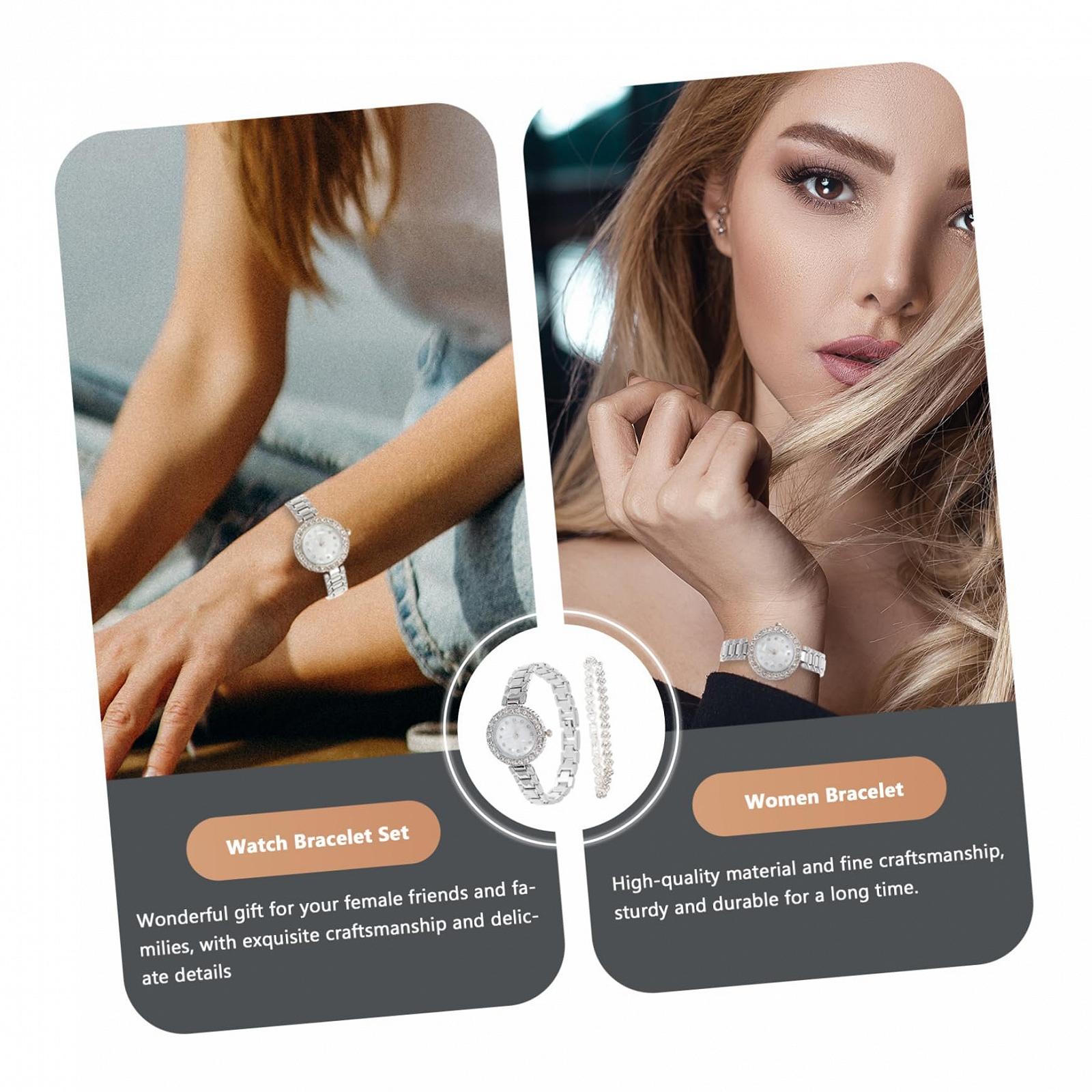 Набор Часы для женщин Healvian с браслетом Элегантный подарочный набор для свадьбы Стильный дизайн с нежным бриллиантовым мотивом, серебряный, фото №9