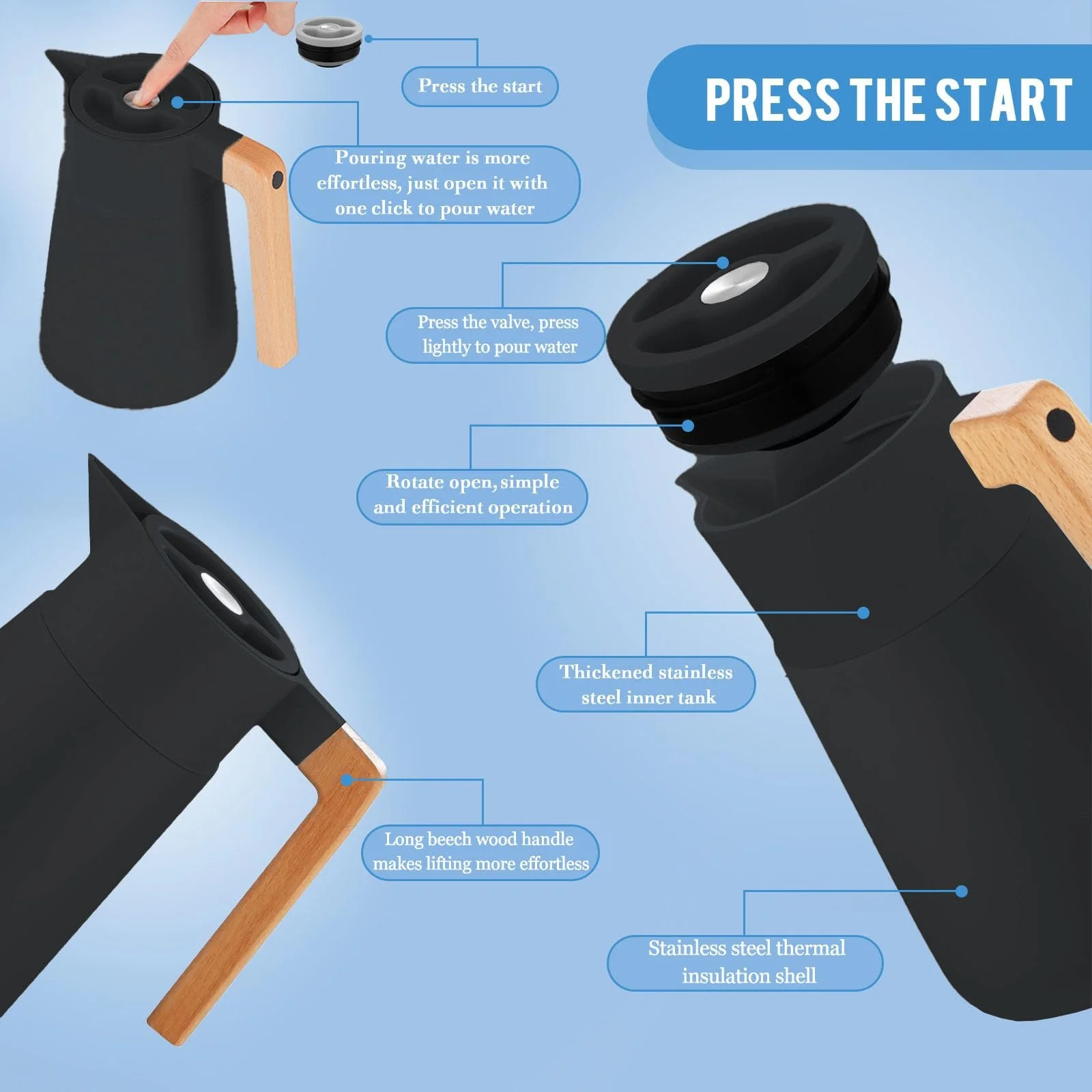 Термос Кавник Thermos Нержавіюча сталь 18/10, Вакуумна ізоляція, з дерев'яною ручкою, 2 л, фото №5