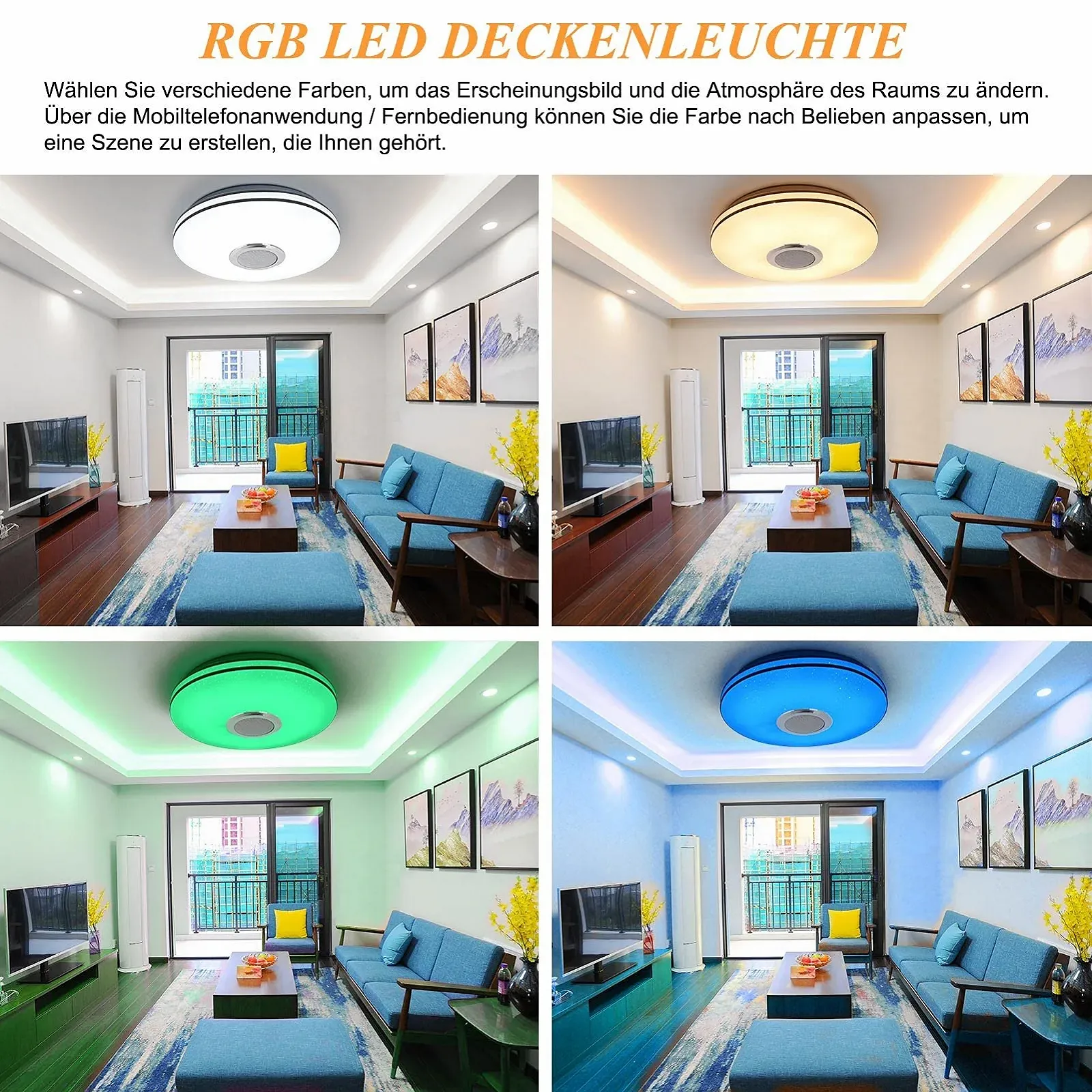 Світильник MILFECH 36 Вт LED стельовий з динаміком Bluetooth, диммований, з пультом та управлінням через додаток, з RGB зміною кольорів, музика для спальні, дитячої кімнати, вітальні, фото №4