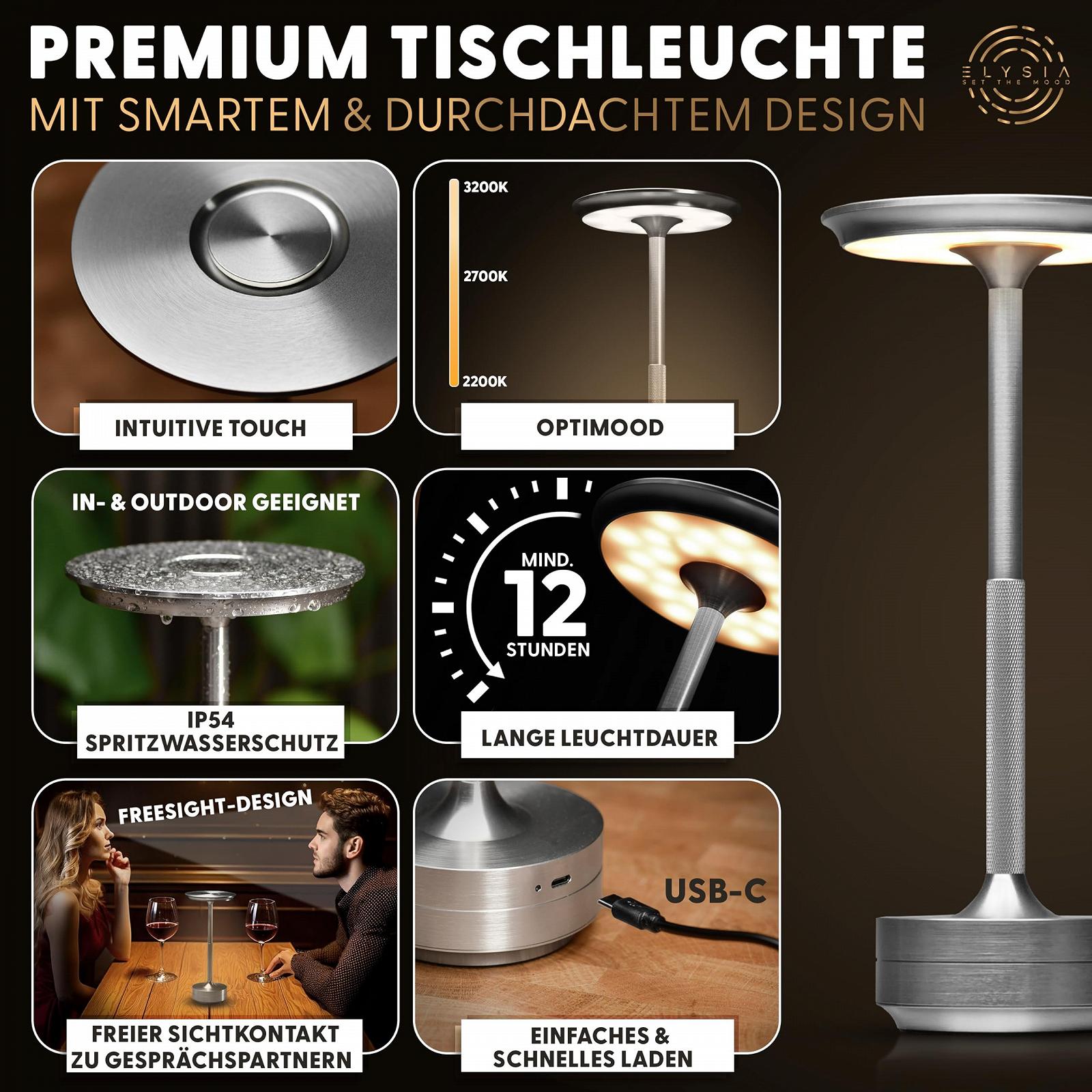 Настільна лампа ELYSIA LED Battery Dimmable USB-C IP54 Срібляста, фото №5