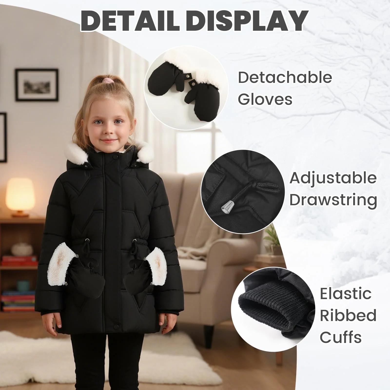 Зимове пальто JiAmy для дівчат, тепла куртка зі знімним капюшоном зі штучним хутром, фото №3