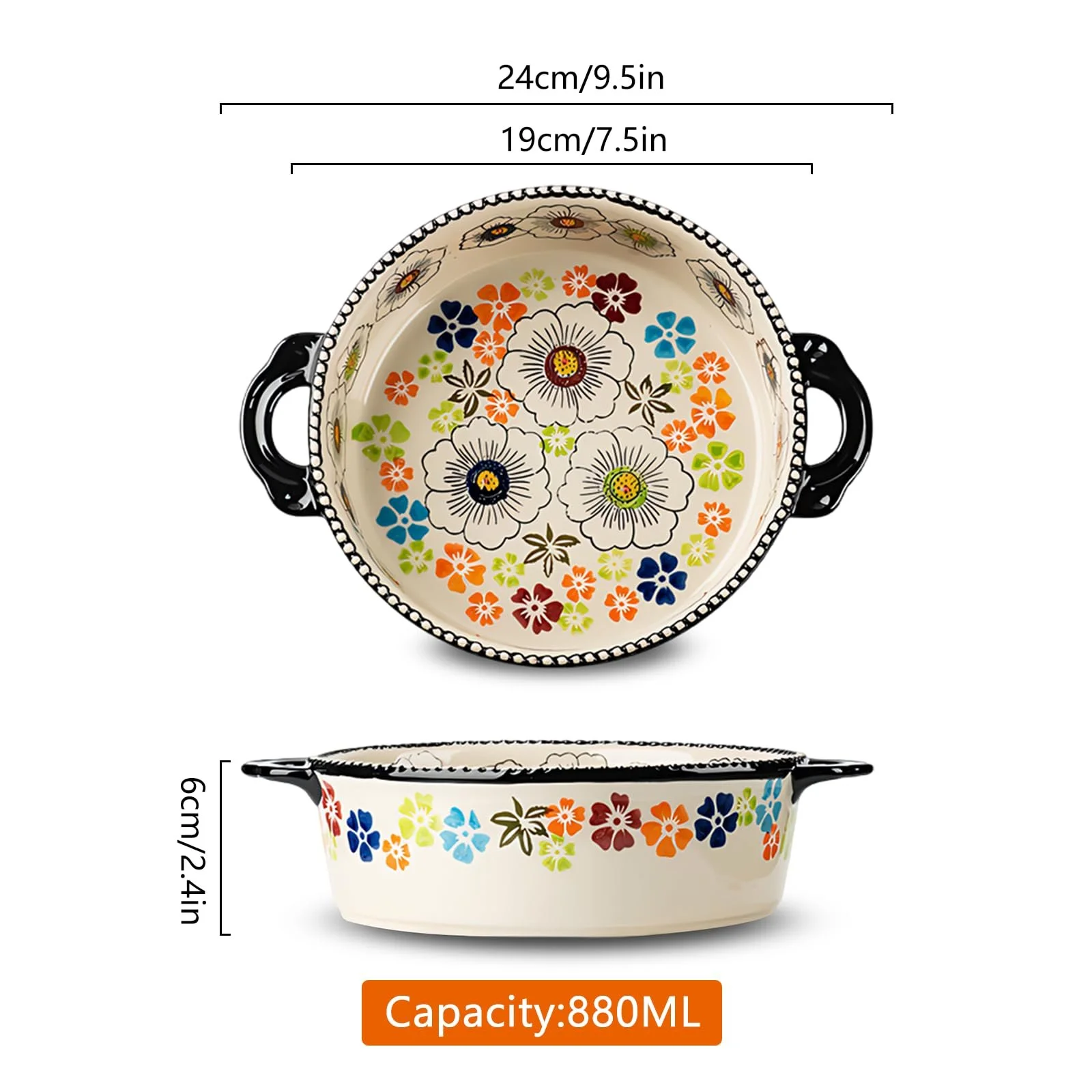 Форма для запекания керамическая круглая 880 мл 24 x 24 x 6 см цветная с ручкой, фото №2