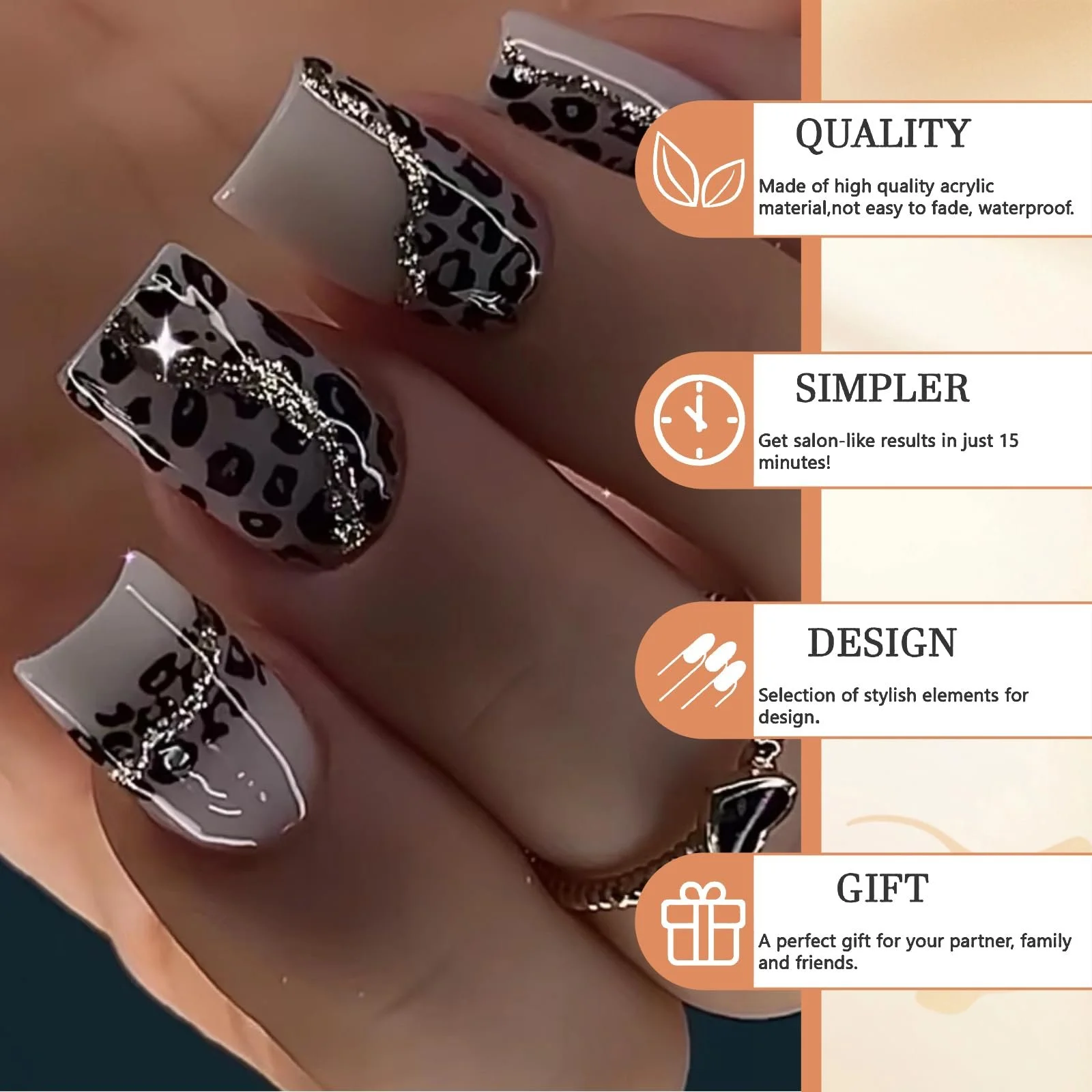 Накладні нігті GlamRays Short Square Black Leopard Shiny Smooth Adhesive Full Perimeter Acrylic, 24 шт. Black Leopard, фото №4
