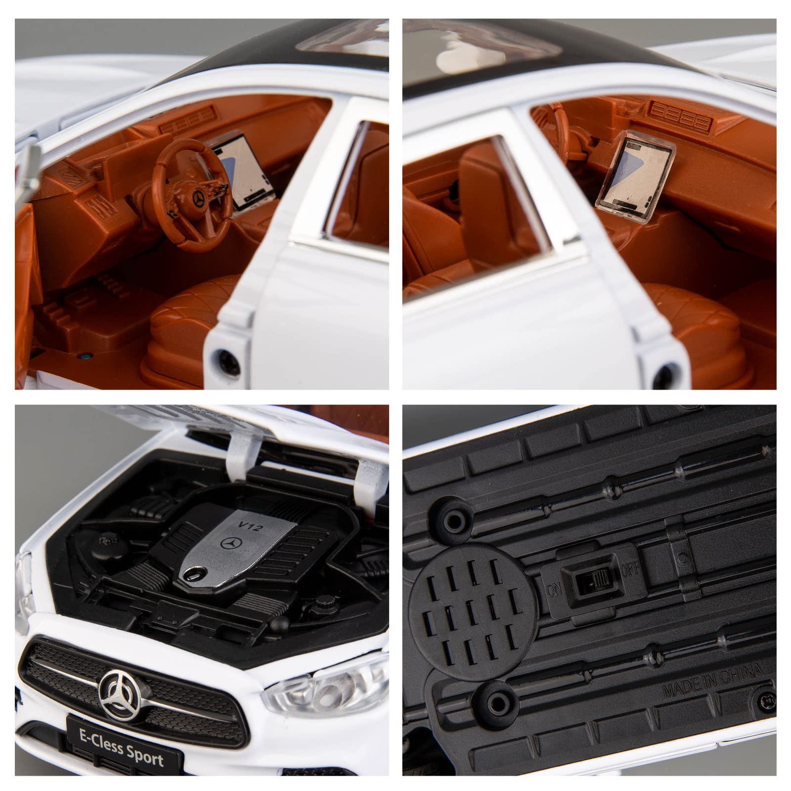 Модель TGRCM-CZ Benz E300 1/24 машинка з цинкового сплаву з функціями звуку і світла, інерційний механізм, білий, фото №4