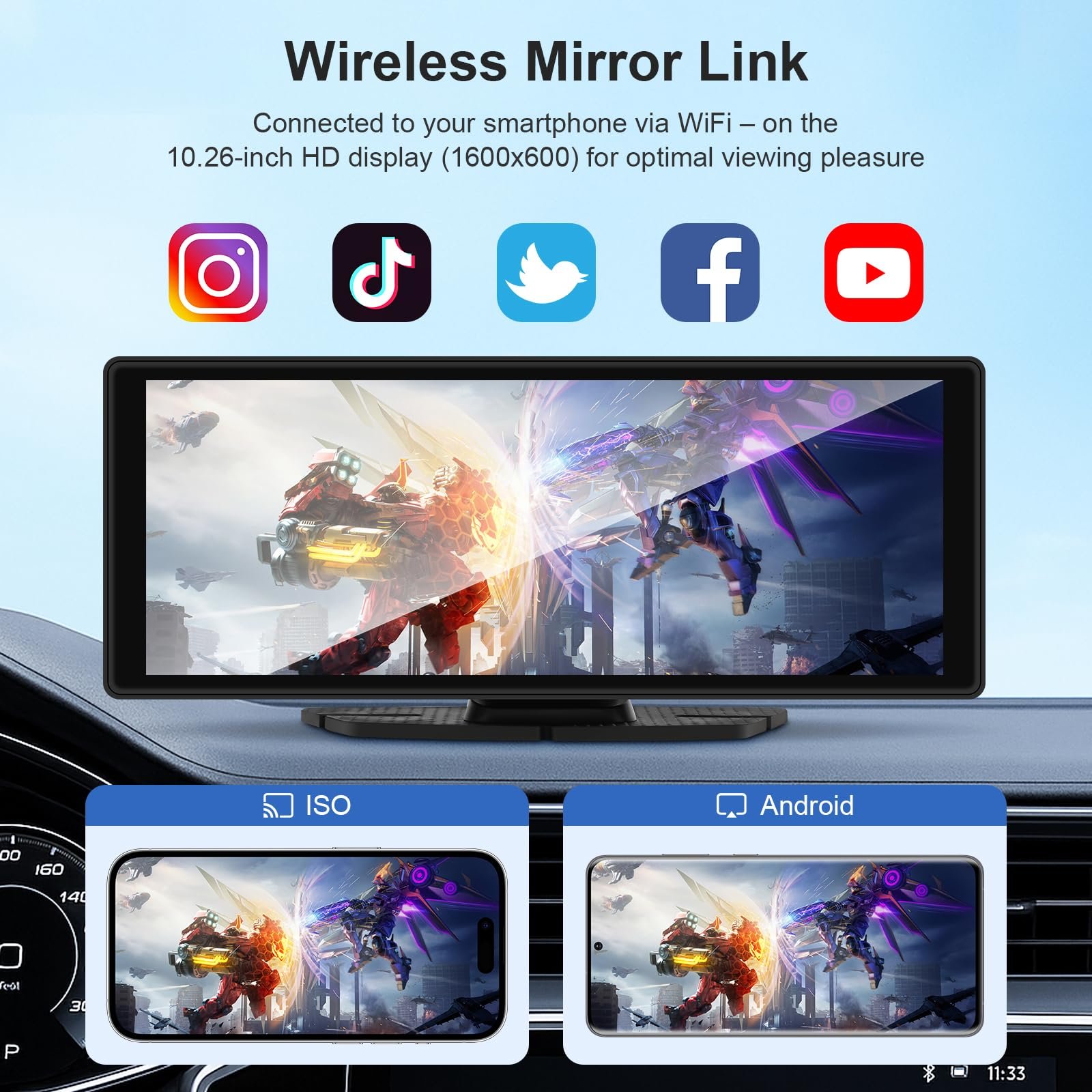 Дисплей Carplay 10,26 дюйма с беспроводным Android Car Play, 4K Dash Cam, камера заднего вида 1080P, сенсорный IPS-экран, Bluetooth, Mirror Link, разделенный экран, FM-радио/AUX, 64G TF, фото №3