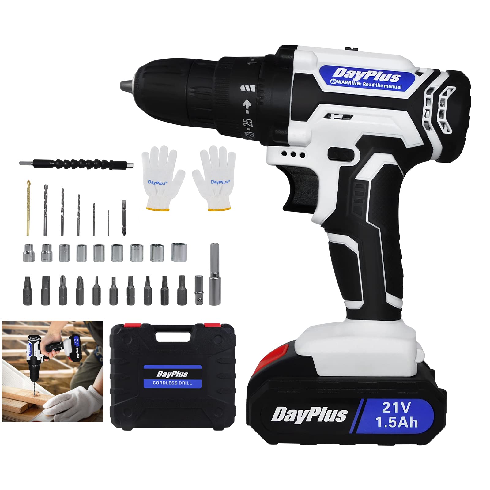 Шуруповерт Cordless Drill 21V с 29 аксессуарами и кейсом для переноски крутящий момент 25 + 1, 2 скорости белый 2 батареи, фото №1