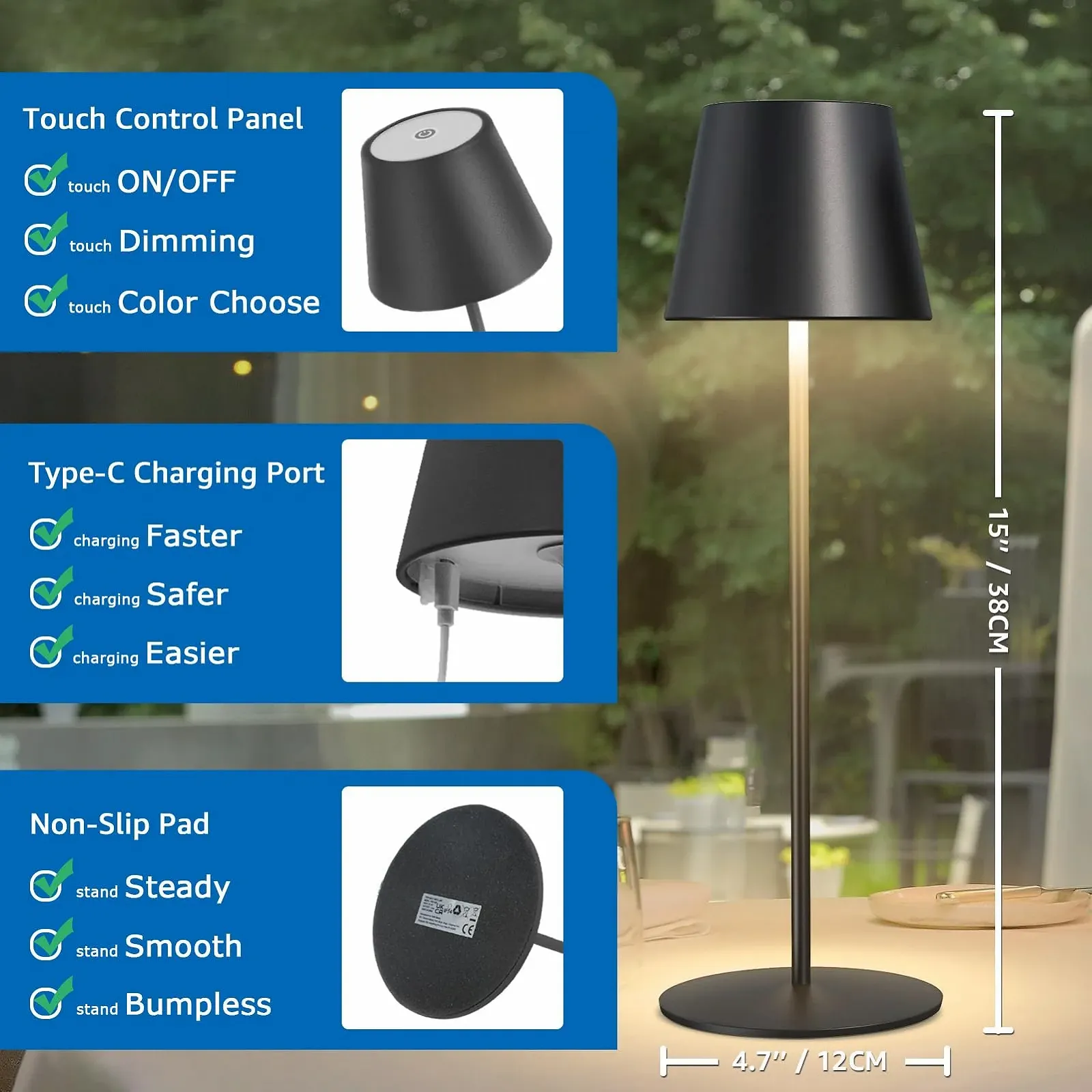 Настольная лампа LED Беспроводная Сенсорная Диммируемая 2700 K - 4000 K Акумуляторная IP54 Черная, фото №4