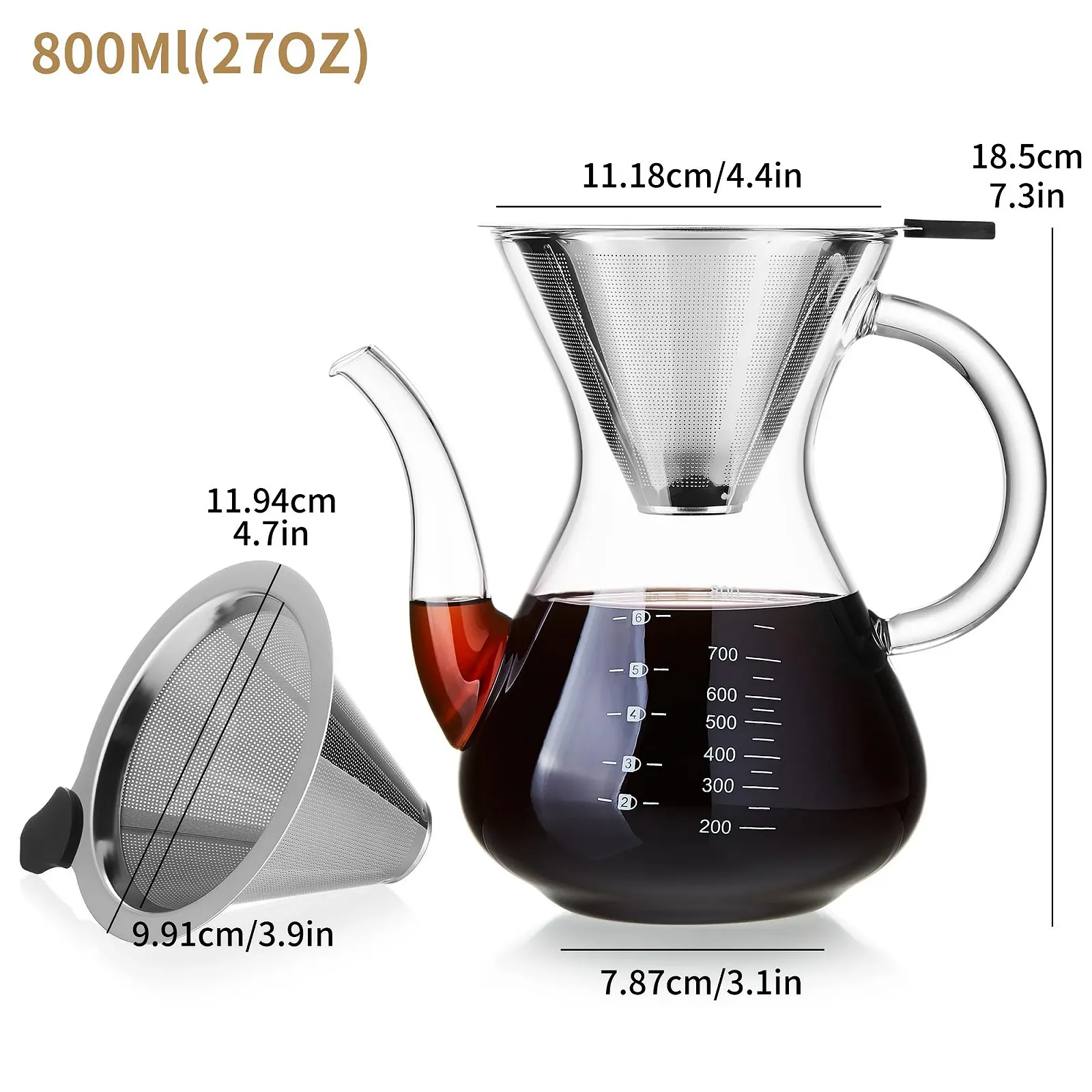 Кавник Pour Over MESNEY 800 мл, скляний кавник з фільтром з нержавіючої сталі, багаторазовий фільтр, фото №2