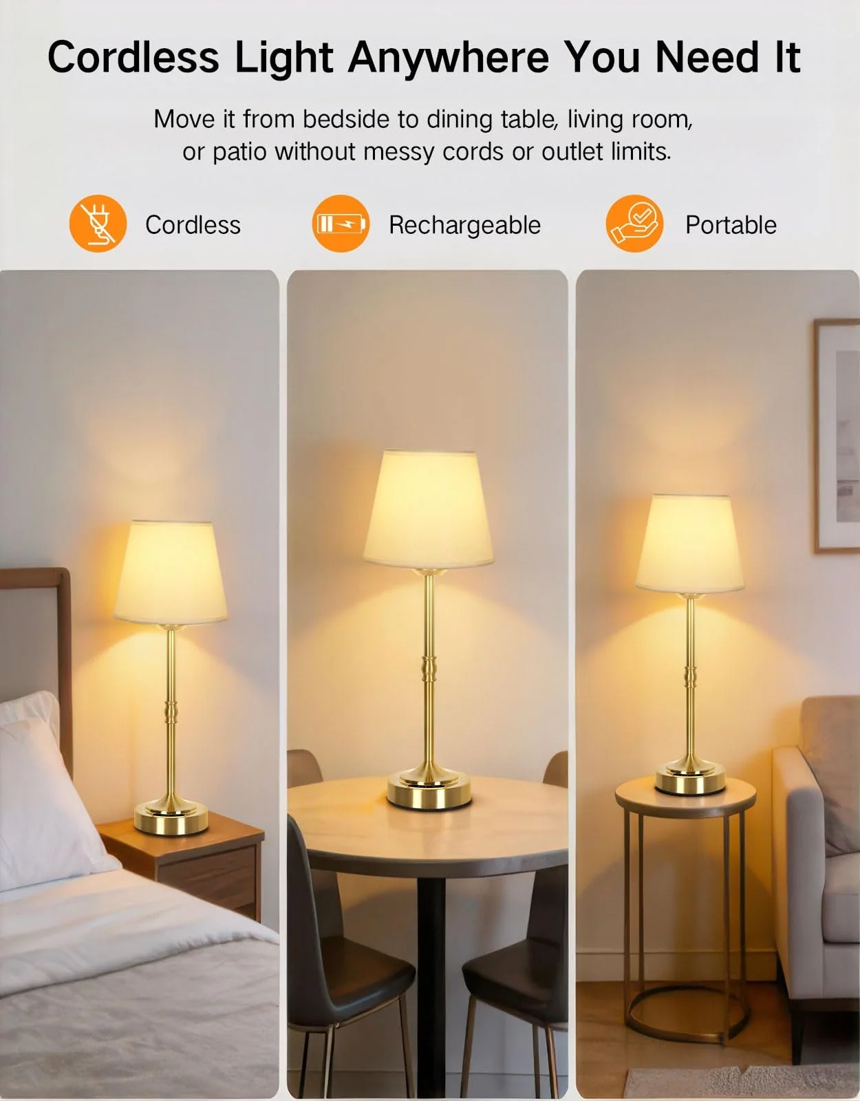 Настільна лампа OUTON Сенсорна 3 колірні температури 4000 mAh USB-C 60 год Золота 1 шт., фото №2