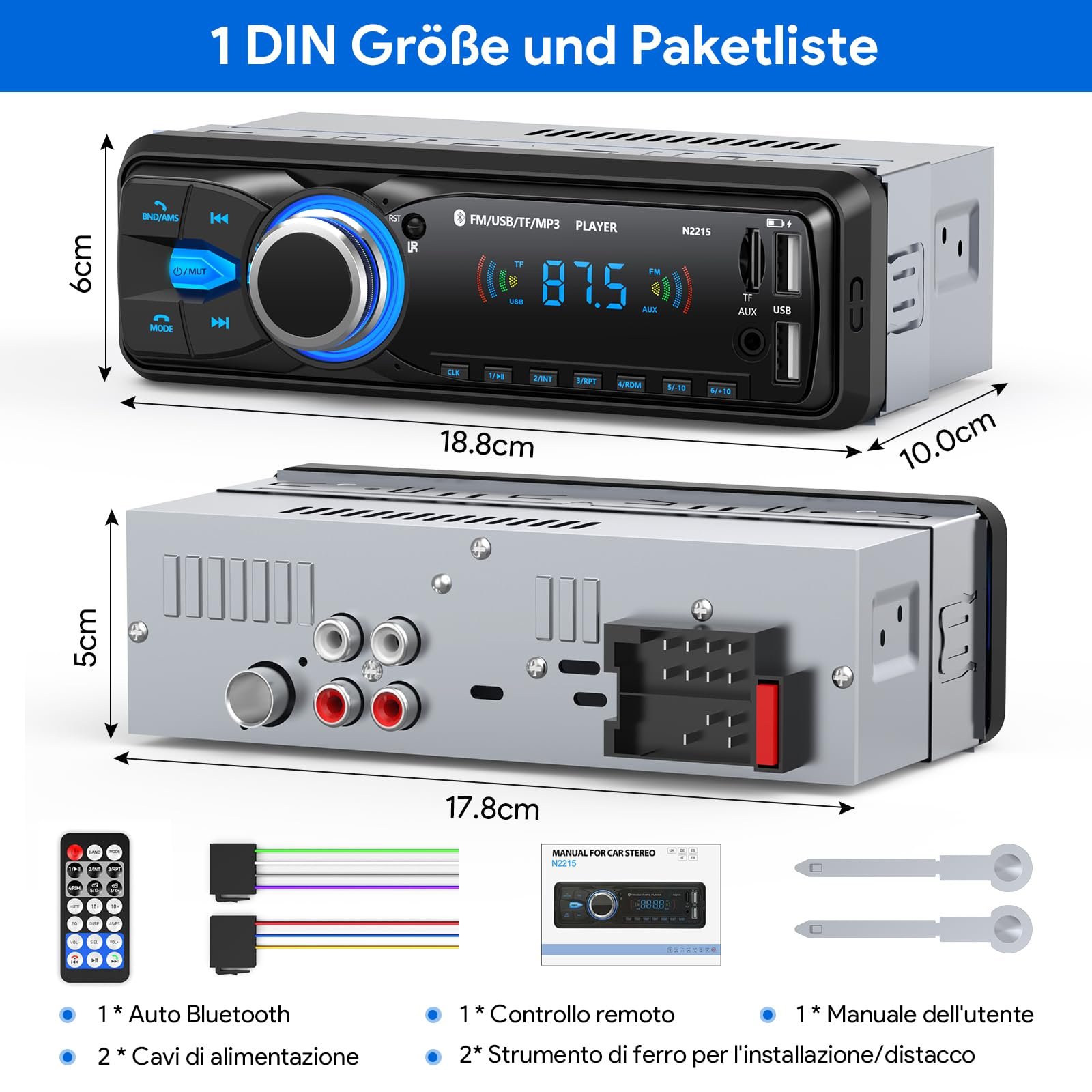 Автомагнітола CENXINY 1Din Bluetooth FM 2USB/AUX/SD Card/MP3 Player з пультом дистанційного керування, фото №6