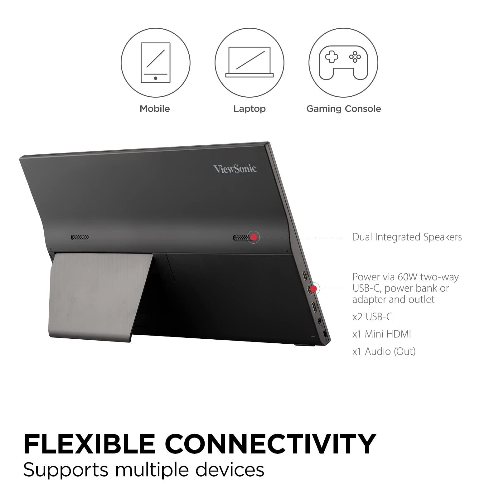 Монитор Viewsonic VA1655 40 см (15.6 дюйма) Портативный Full HD IPS Панель Mini HDMI 2x USB-C для Raspberry Pi/Xbox/PS4/PS5, Динамик, Черный, фото №5