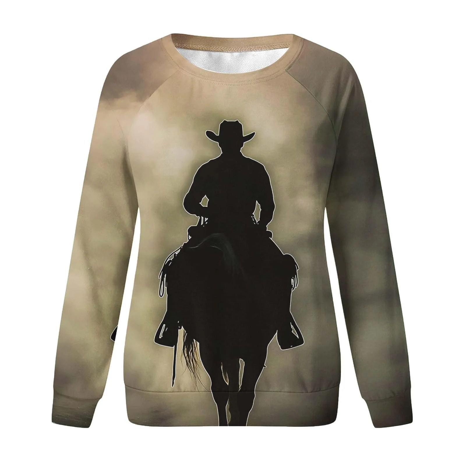 Лонгслив Komiseup Basic Круглый вырез Свободный Свитшот без капюшона Western Cowboy Print Праздничная Спортивная рубашка Модный топ с принтом лошади для девочек-подростков Streetwear 03, фото №3