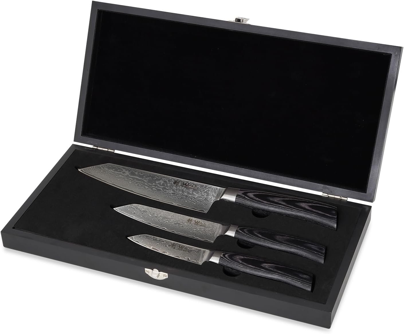 Набор ножей Kiritsuke Wakoli EDIB Pro Black Damascus, 3 шт, сталь Damascus 67 слоев, ядро VG10, лезвия 17 см, 12 см и 9 см, ручка из темного дерева Pakka, в деревянной коробке, фото №6