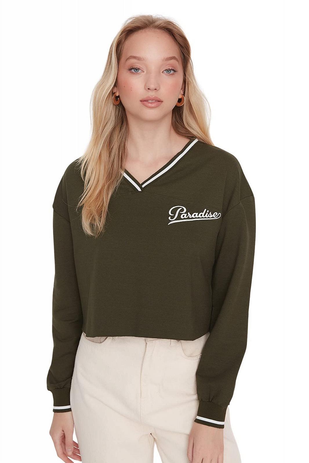 Женский свитшот TRENDYOL V-образный вырез со слоганом Стандартный, фото №1 Женский свитшот TRENDYOL V-образный вырез со слоганом Стандартный, фото №1