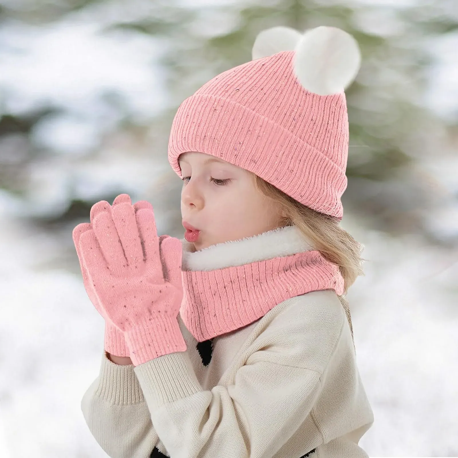 Шапка дитяча зимова з двома помпонами JFAN, з вушками, в'язана, флісова, бавовняна, тепла, мила, фото №3