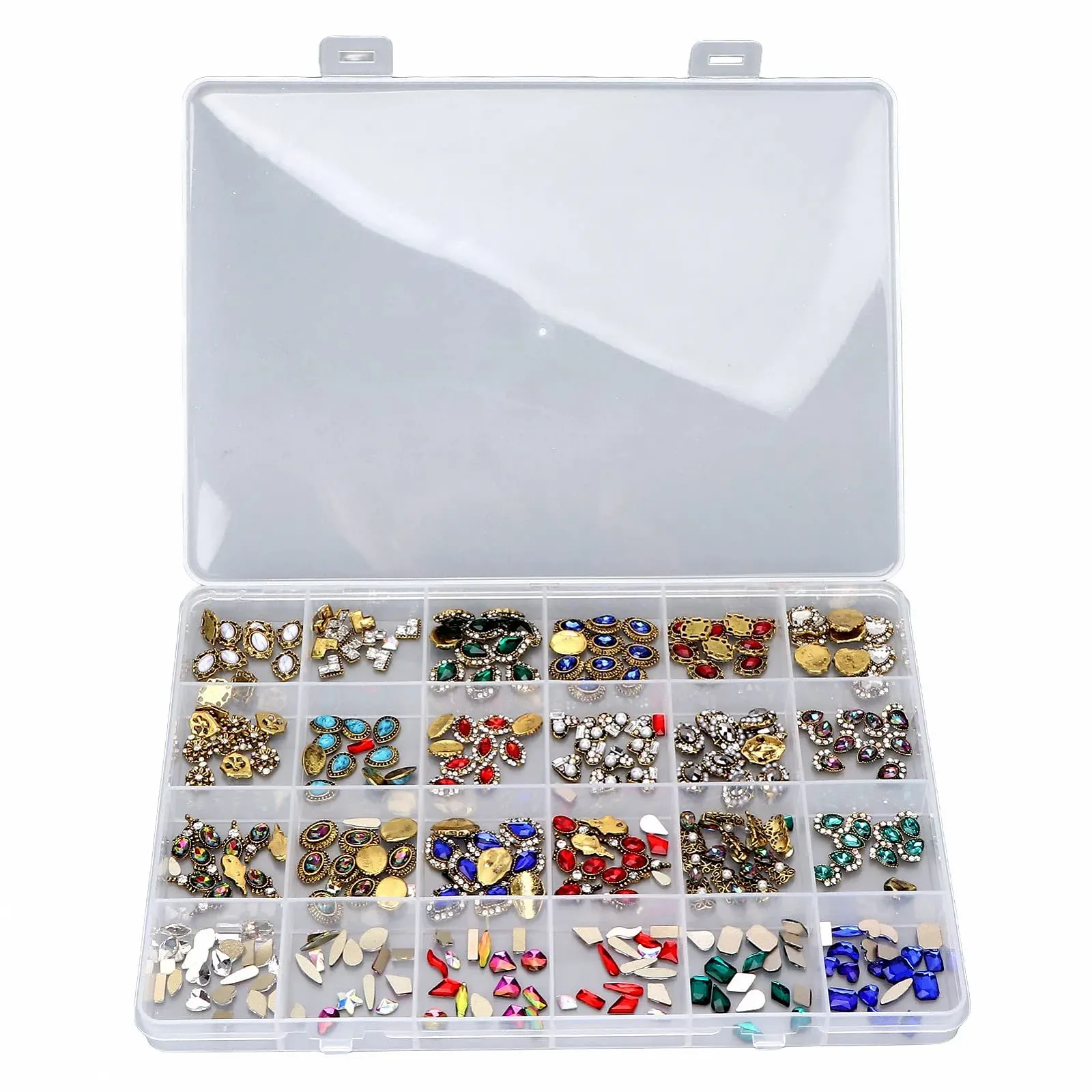 Стрази для нігтів з коробкою, 24 шт, різнокольоровіS, різні форми, фото №1