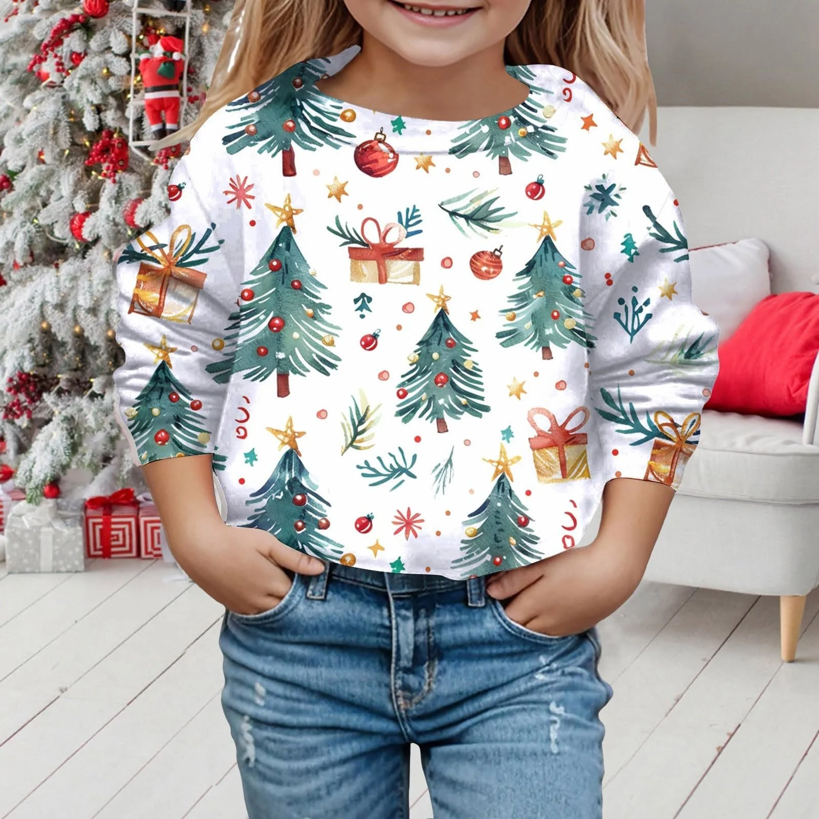 Рождественский джемпер Худи для детей, Рождественский милый принт, Круглый вырез, Длинный рукав, фото №3