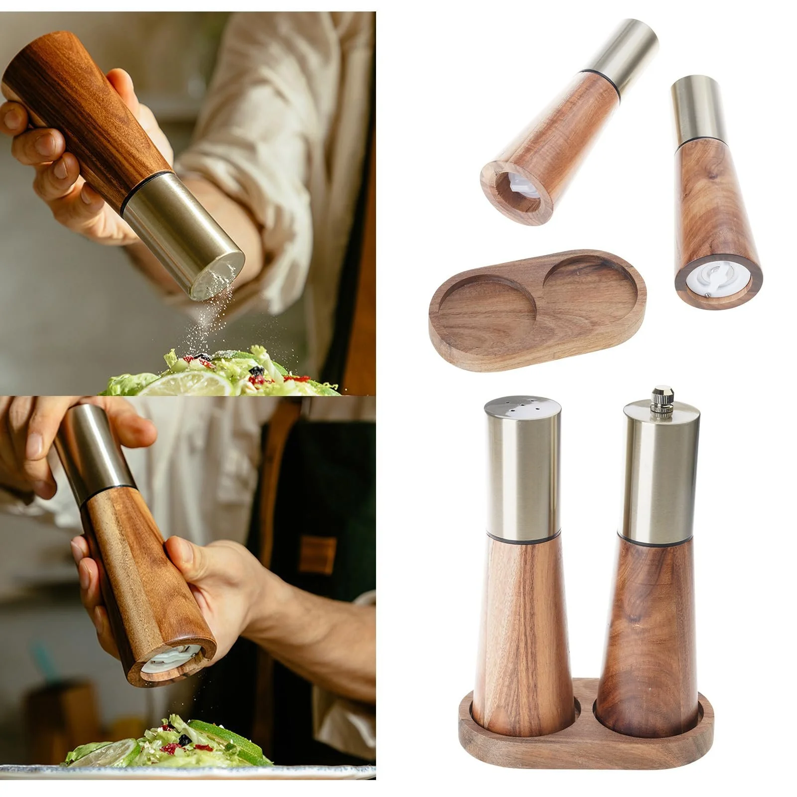 Набор мельниц Деревянный для соли и перца с подставкой, фото №2 Набор мельниц Деревянный для соли и перца с подставкой, фото №2