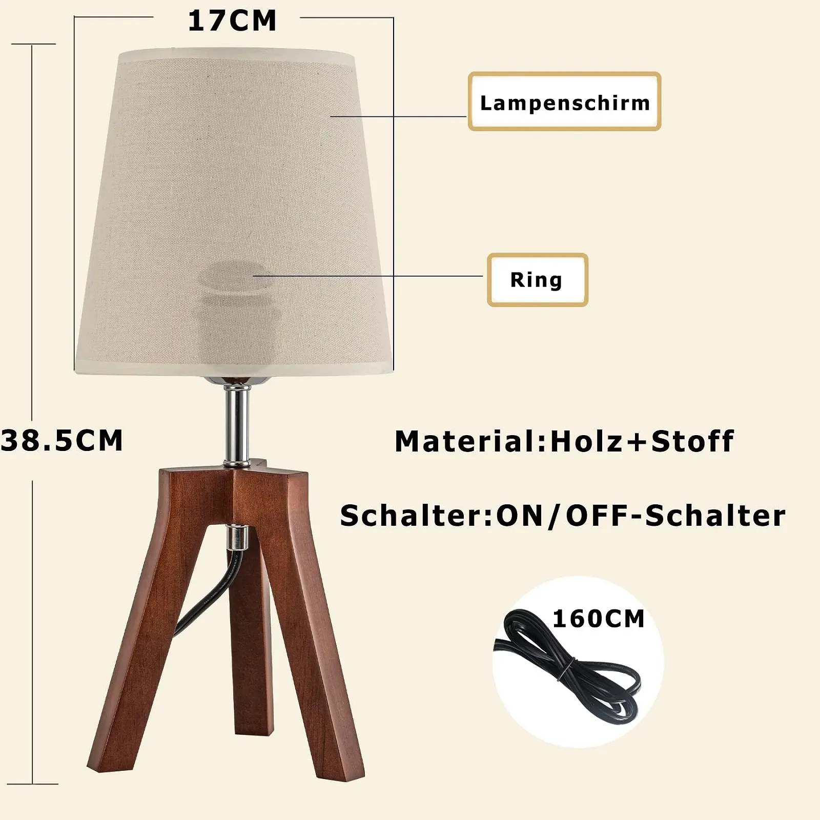 Приліжкова лампа Dreamholder дерев'яна, штатив, лляний абажур, основа горіх, фото №5