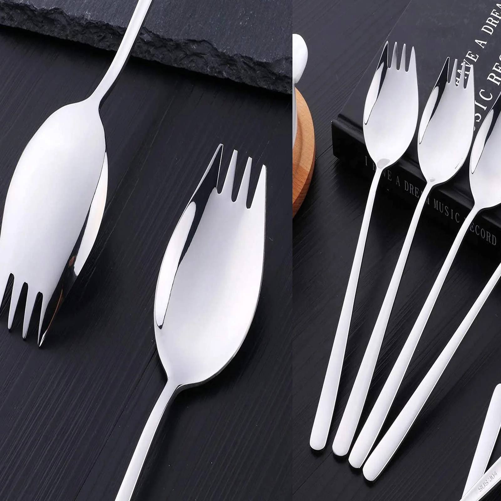 Вилка-ложка из нержавеющей стали 304, серебристая, набор 6 штук для ежедневного использования дома, для фруктов, закусок, десертов и салатов, фото №7