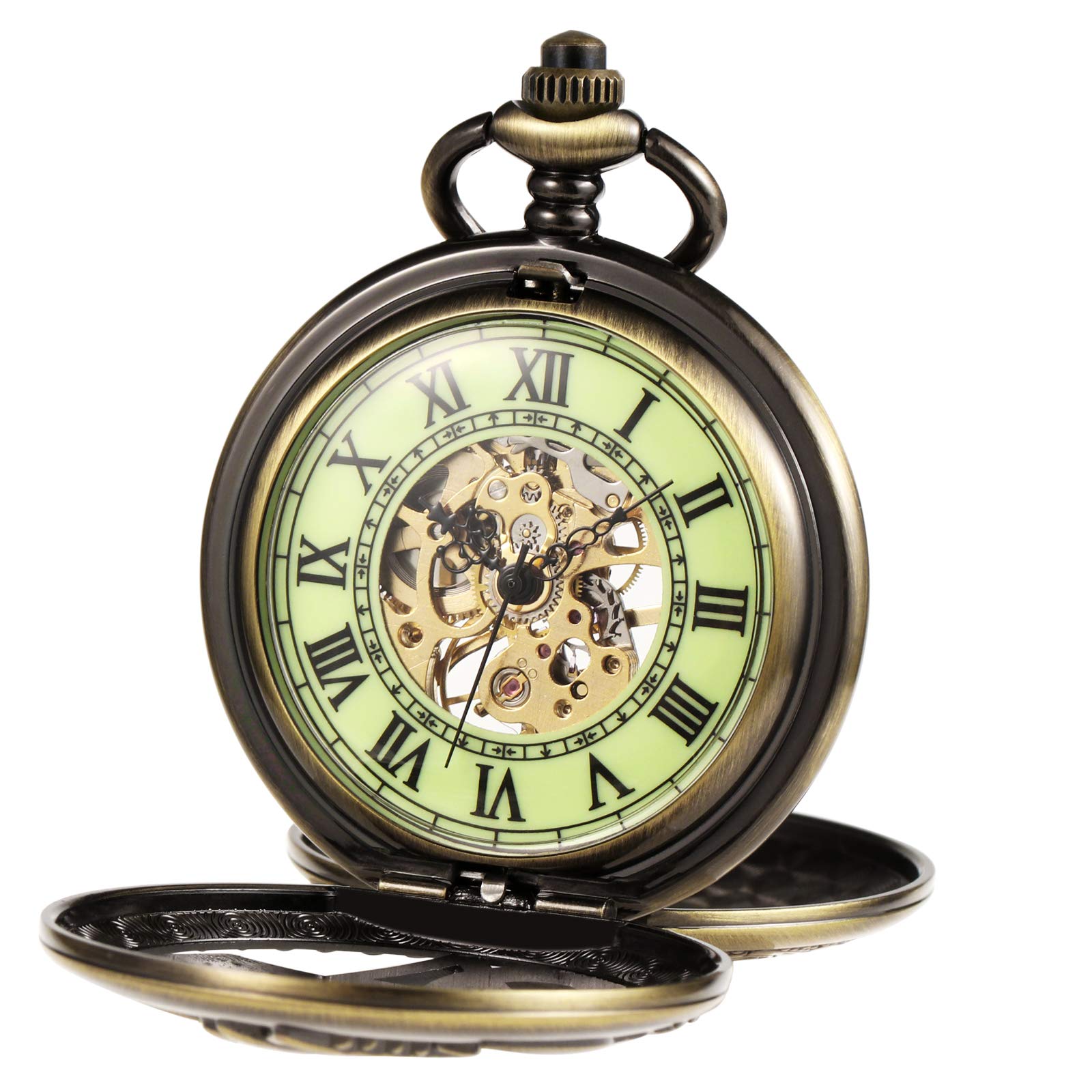Кишеньковий годинник TREEWETO Unisex Mechanical Double Cover Full Metal Alchemist Luminous Skeleton Steampunk з ланцюжком Бронзовий, фото №2